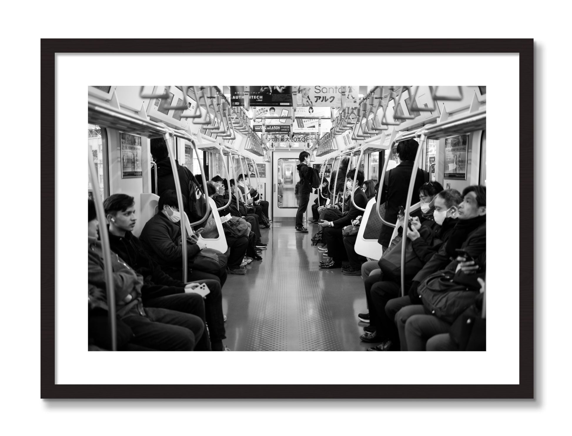 Framed photograph of Tokyo Traincar by Dylan Ozanich, Black Walnut frame, Borders