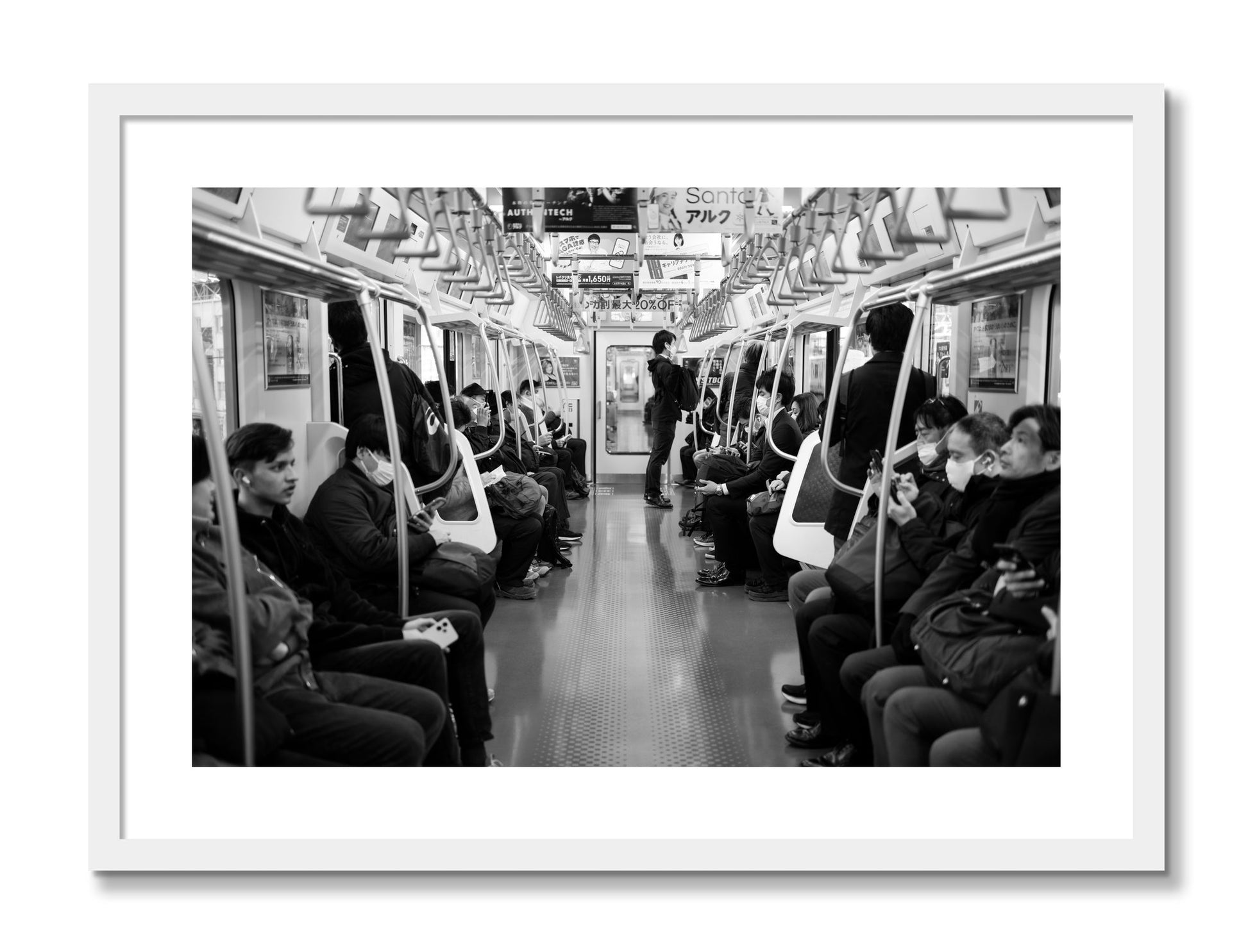 Framed photograph of Tokyo Traincar by Dylan Ozanich, White frame, Borders