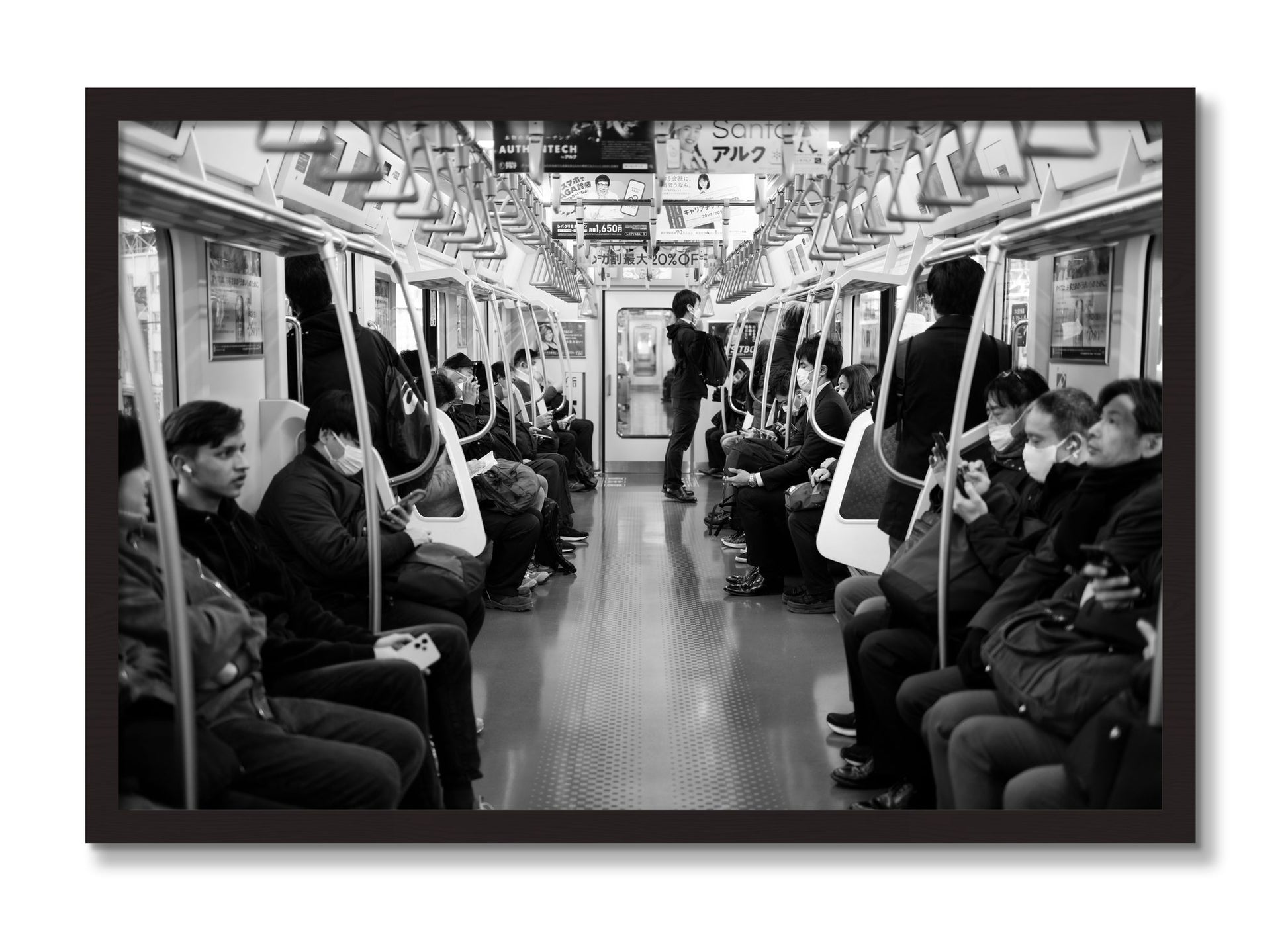 Framed photograph of Tokyo Traincar by Dylan Ozanich, Black Walnut frame, Full Bleed