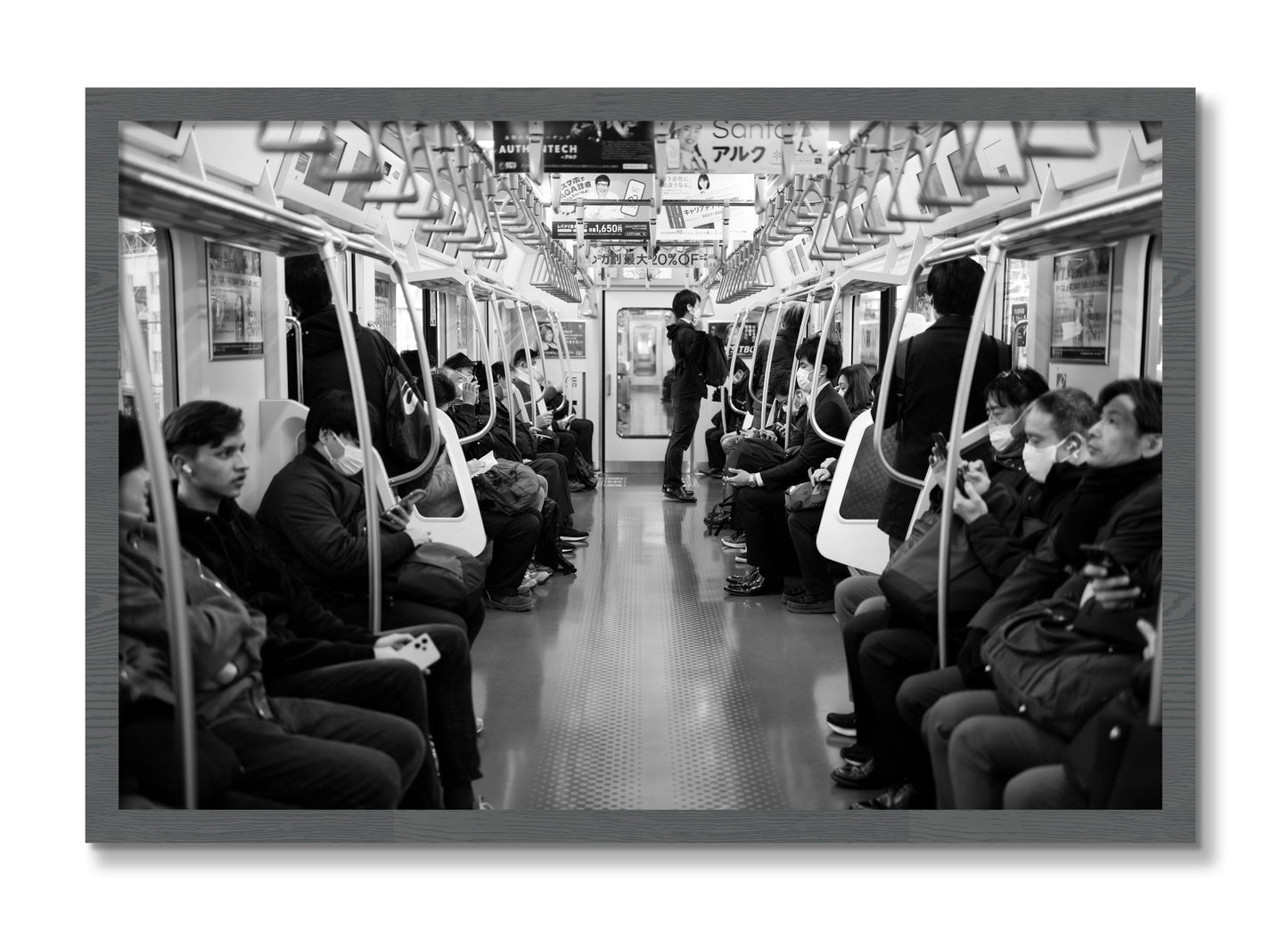 Framed photograph of Tokyo Traincar by Dylan Ozanich, Grey frame, Full Bleed