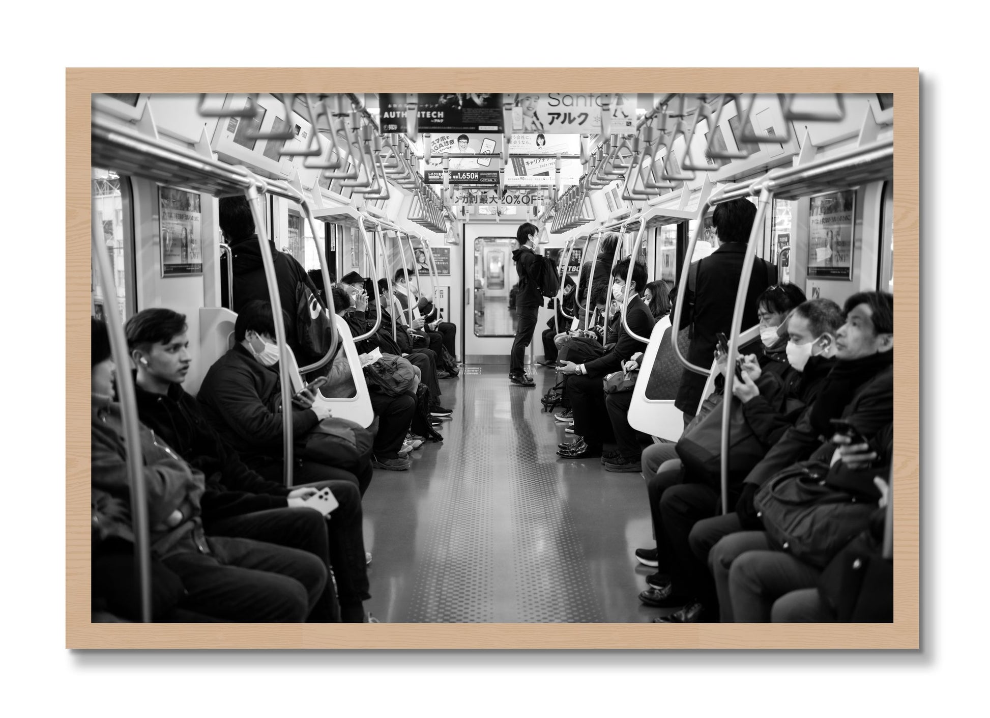 Framed photograph of Tokyo Traincar by Dylan Ozanich, Oak frame, Full Bleed