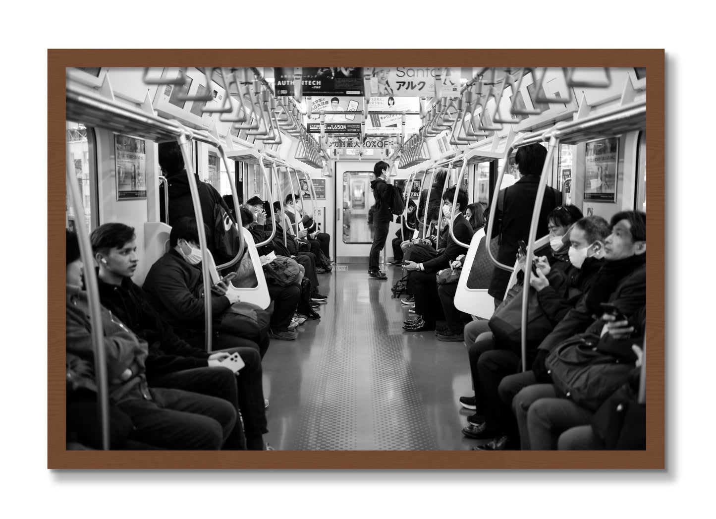 Framed photograph of Tokyo Traincar by Dylan Ozanich, Walnut frame, Full Bleed