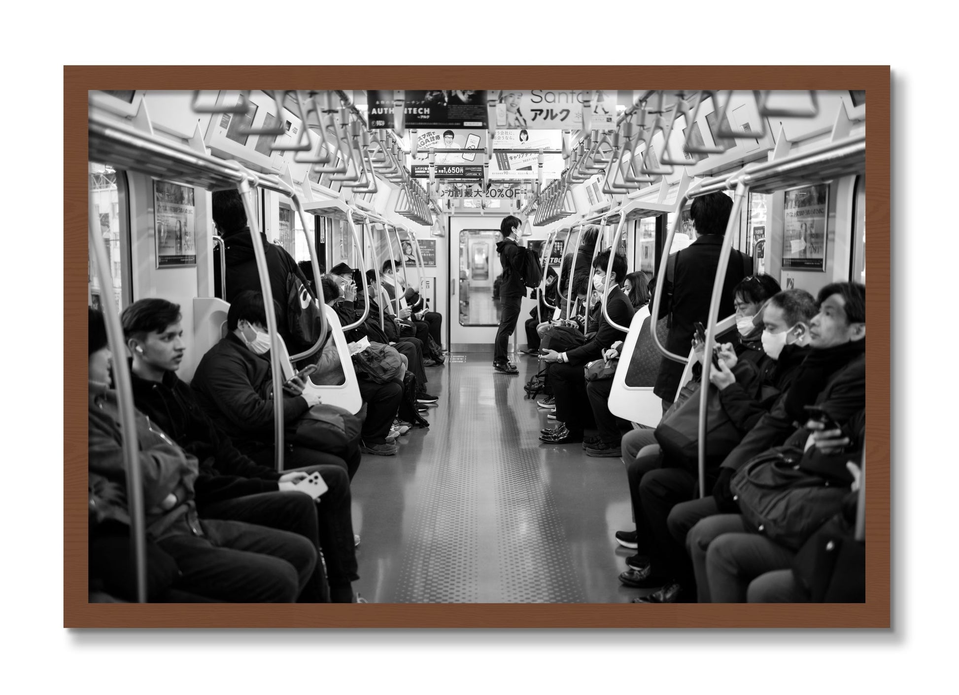 Framed photograph of Tokyo Traincar by Dylan Ozanich, Walnut frame, Full Bleed