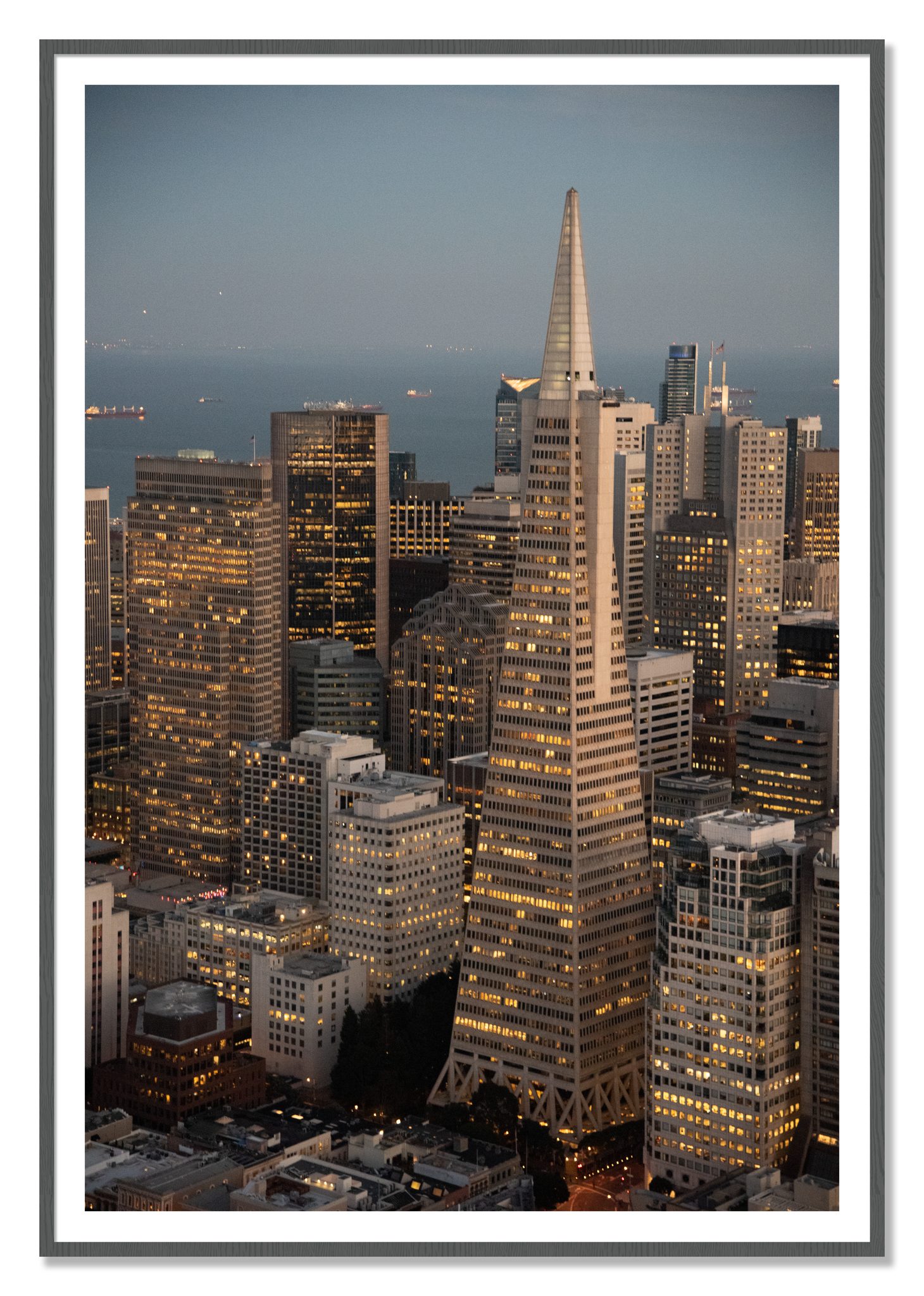 Transamerica San Francisco by Dylan Ozanich, 48×72 print with a White Border in a Grey frame