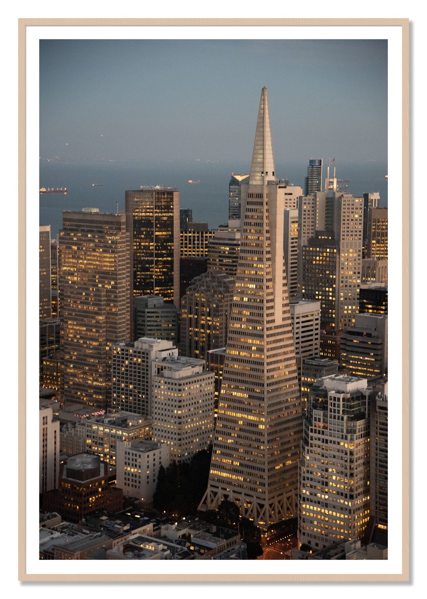 Transamerica San Francisco by Dylan Ozanich, 48×72 print with a White Border in a Maple frame
