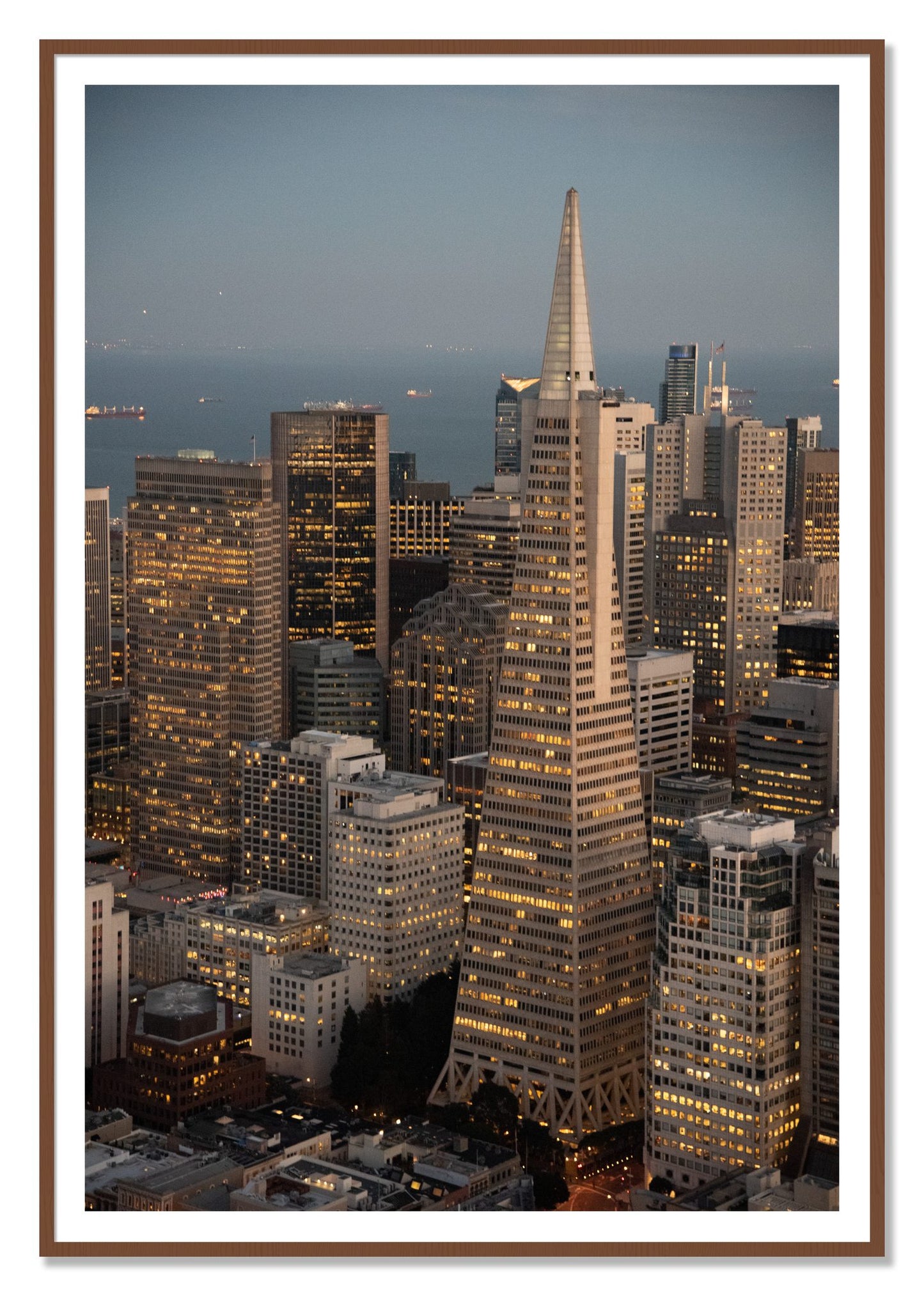 Transamerica San Francisco by Dylan Ozanich, 48×72 print with a White Border in a Walnut frame