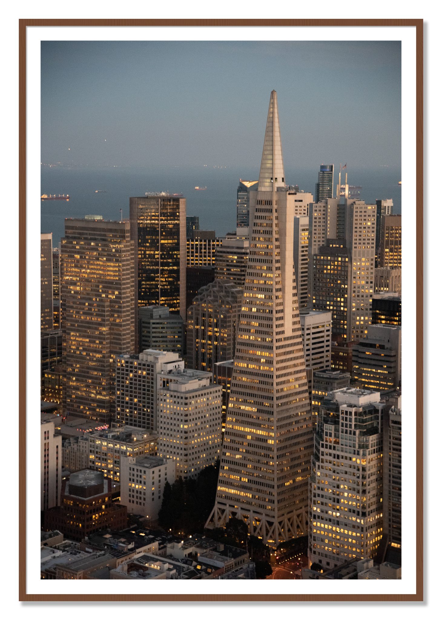 Transamerica San Francisco by Dylan Ozanich, 48×72 print with a White Border in a Walnut frame