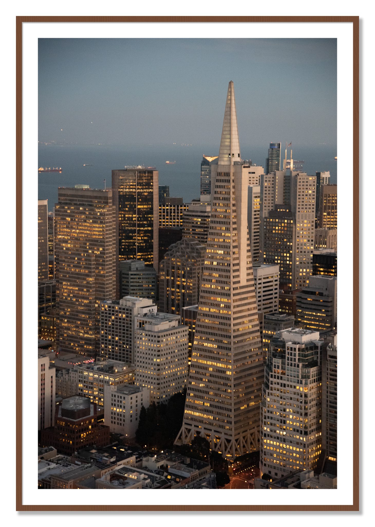 Framed photograph of Transamerica San Francisco by Dylan Ozanich, Walnut frame, Borders