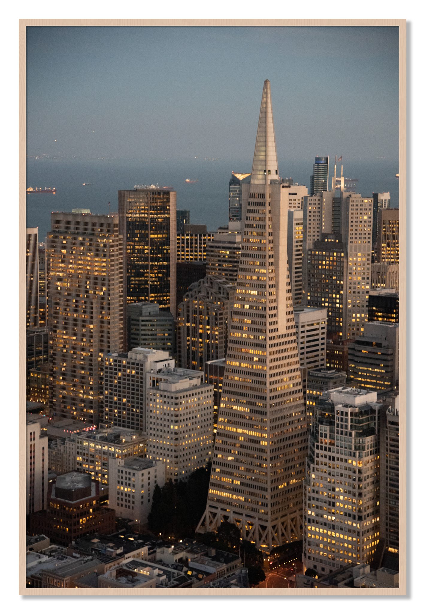 Framed photograph of Transamerica San Francisco by Dylan Ozanich, Maple frame, Full Bleed