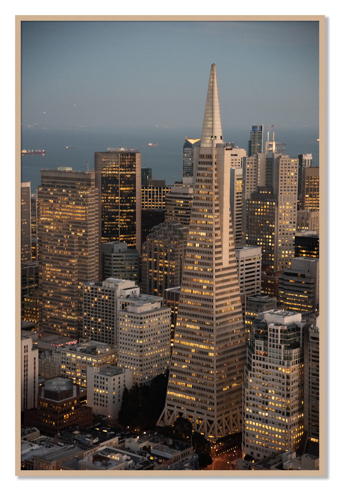 Framed photograph of Transamerica San Francisco by Dylan Ozanich, Oak frame, Full Bleed