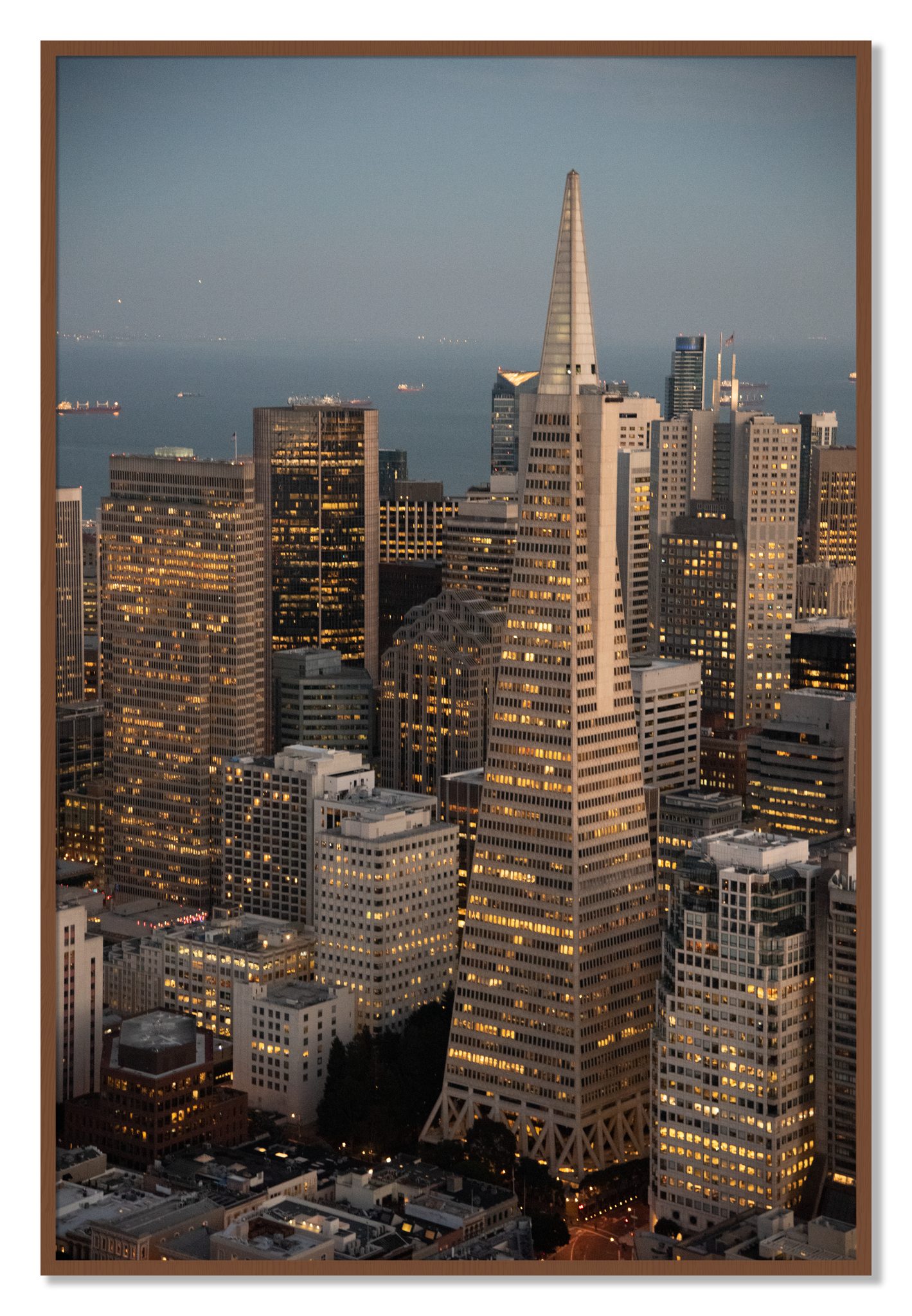 Framed photograph of Transamerica San Francisco by Dylan Ozanich, Walnut frame, Full Bleed