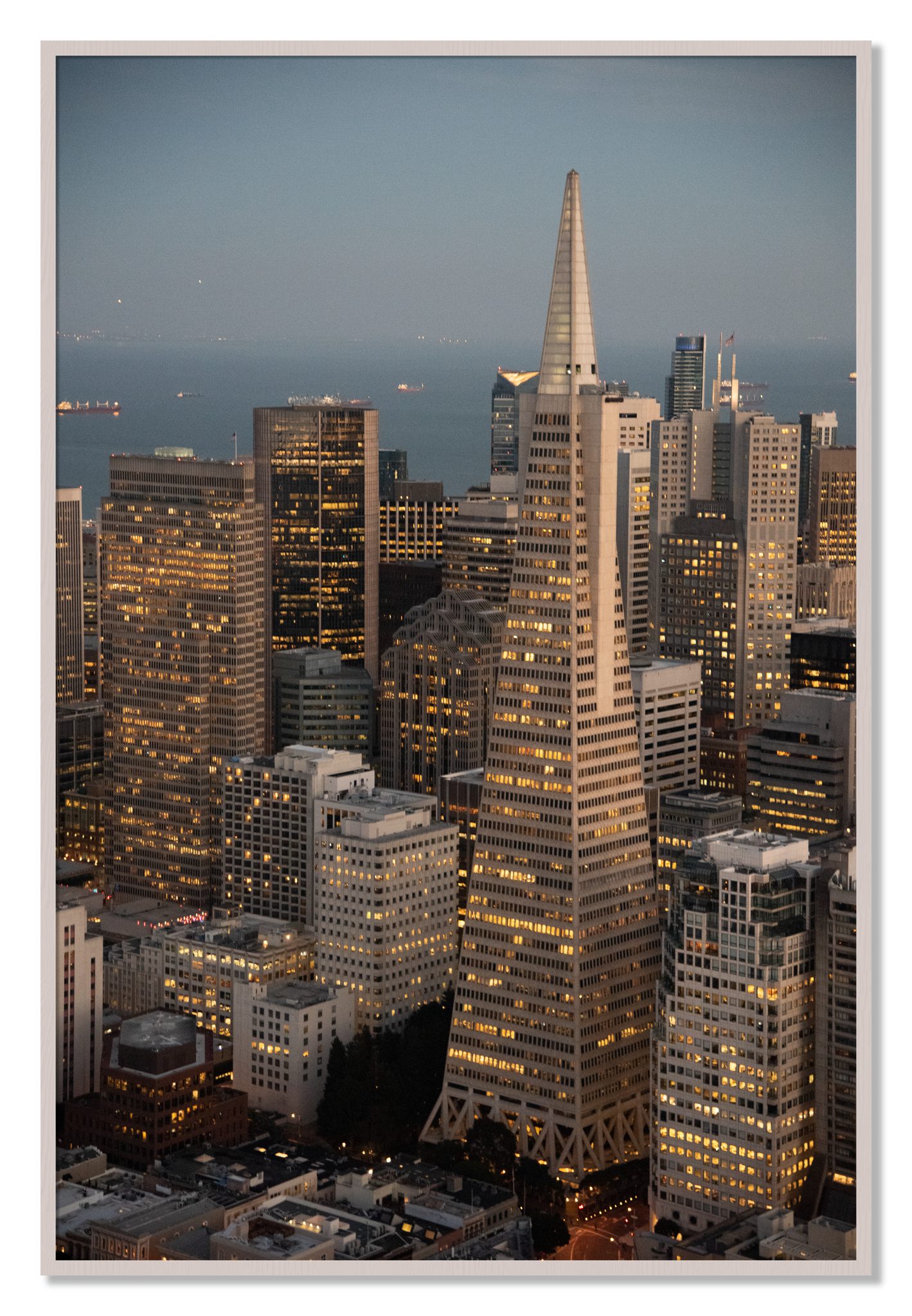 Framed photograph of Transamerica San Francisco by Dylan Ozanich, White Maple frame, Full Bleed
