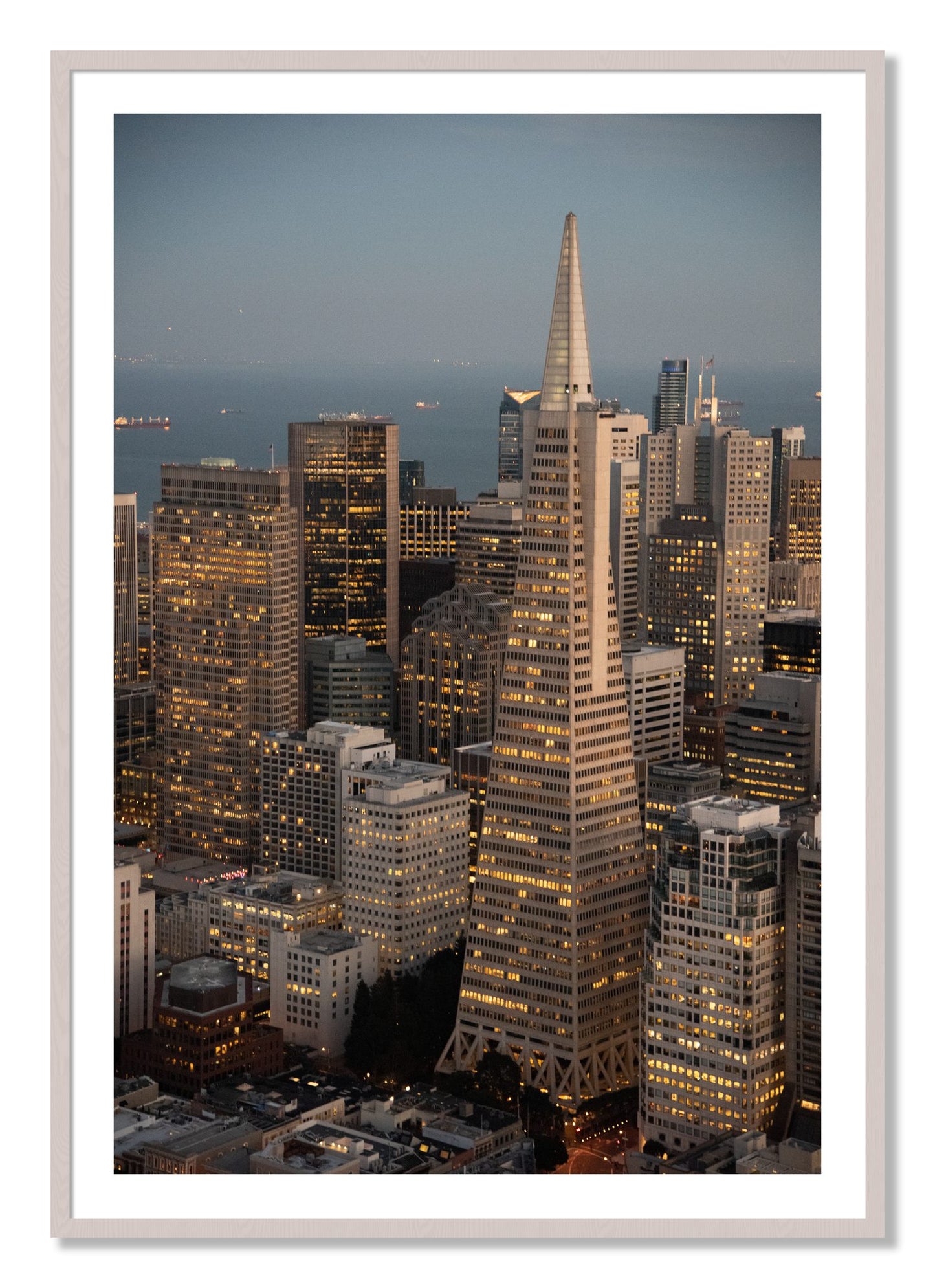Framed photograph of Transamerica San Francisco by Dylan Ozanich, White Maple frame, Borders