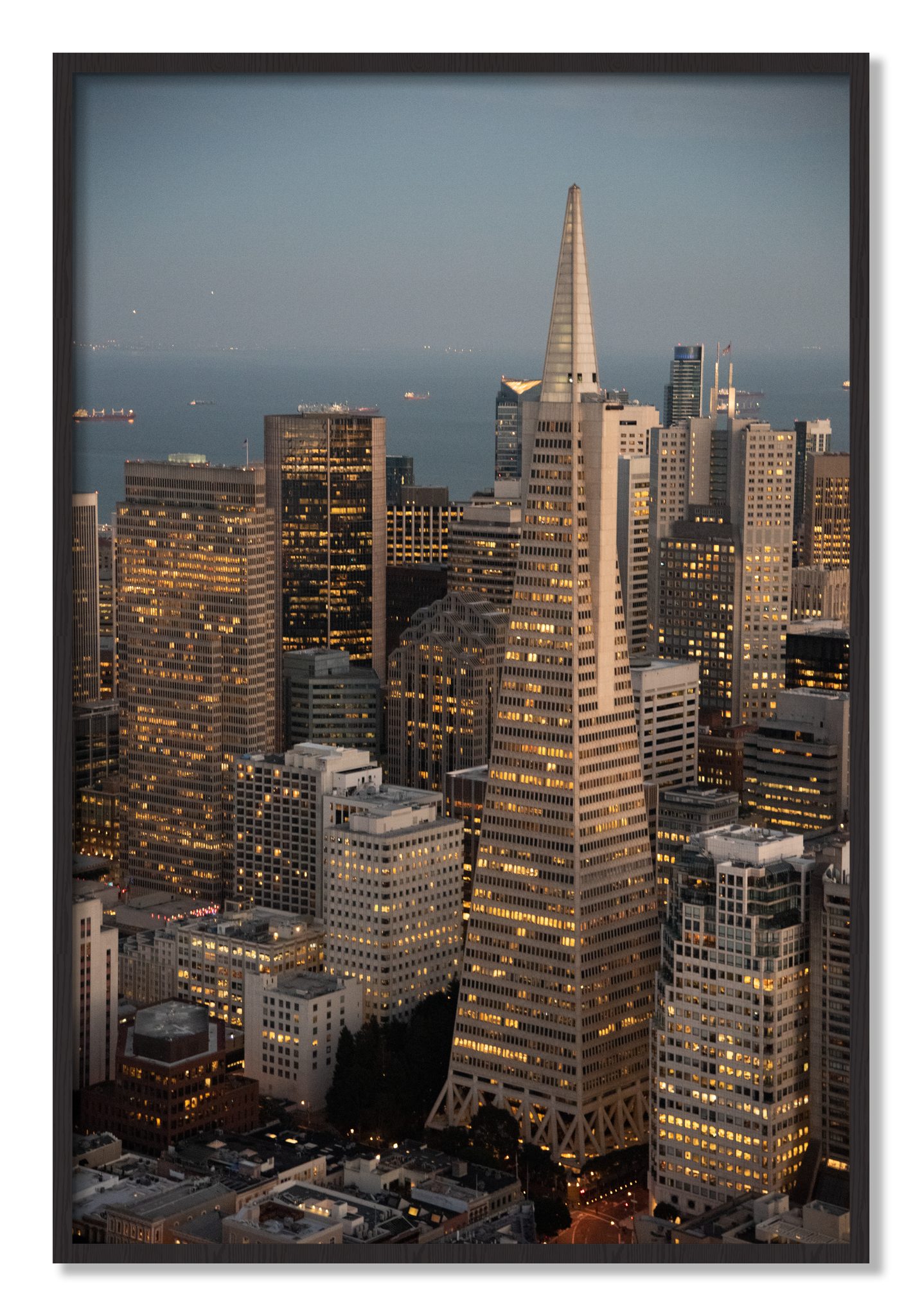 Framed photograph of Transamerica San Francisco by Dylan Ozanich, Black Walnut frame, Full Bleed