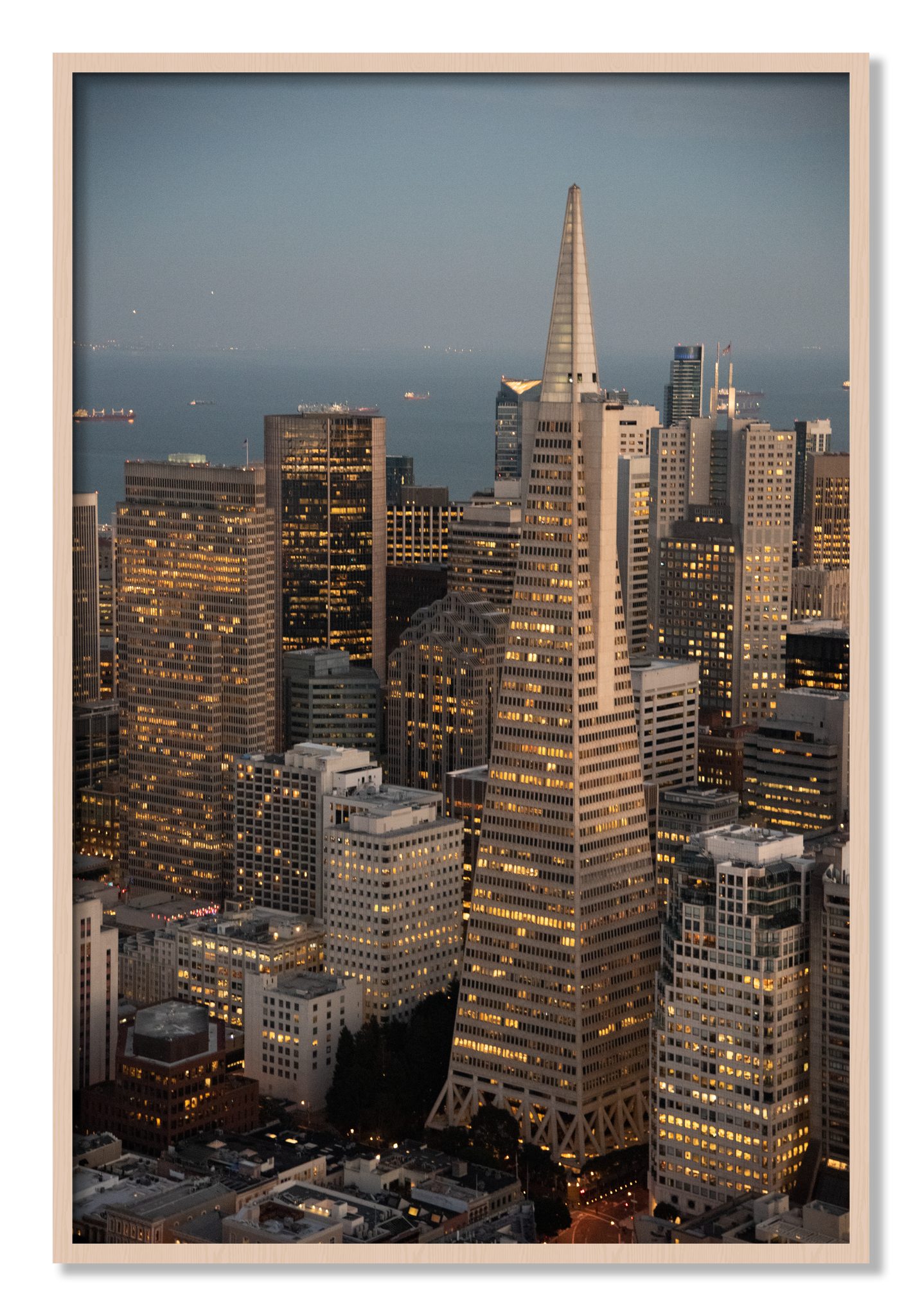 Framed photograph of Transamerica San Francisco by Dylan Ozanich, Maple frame, Full Bleed