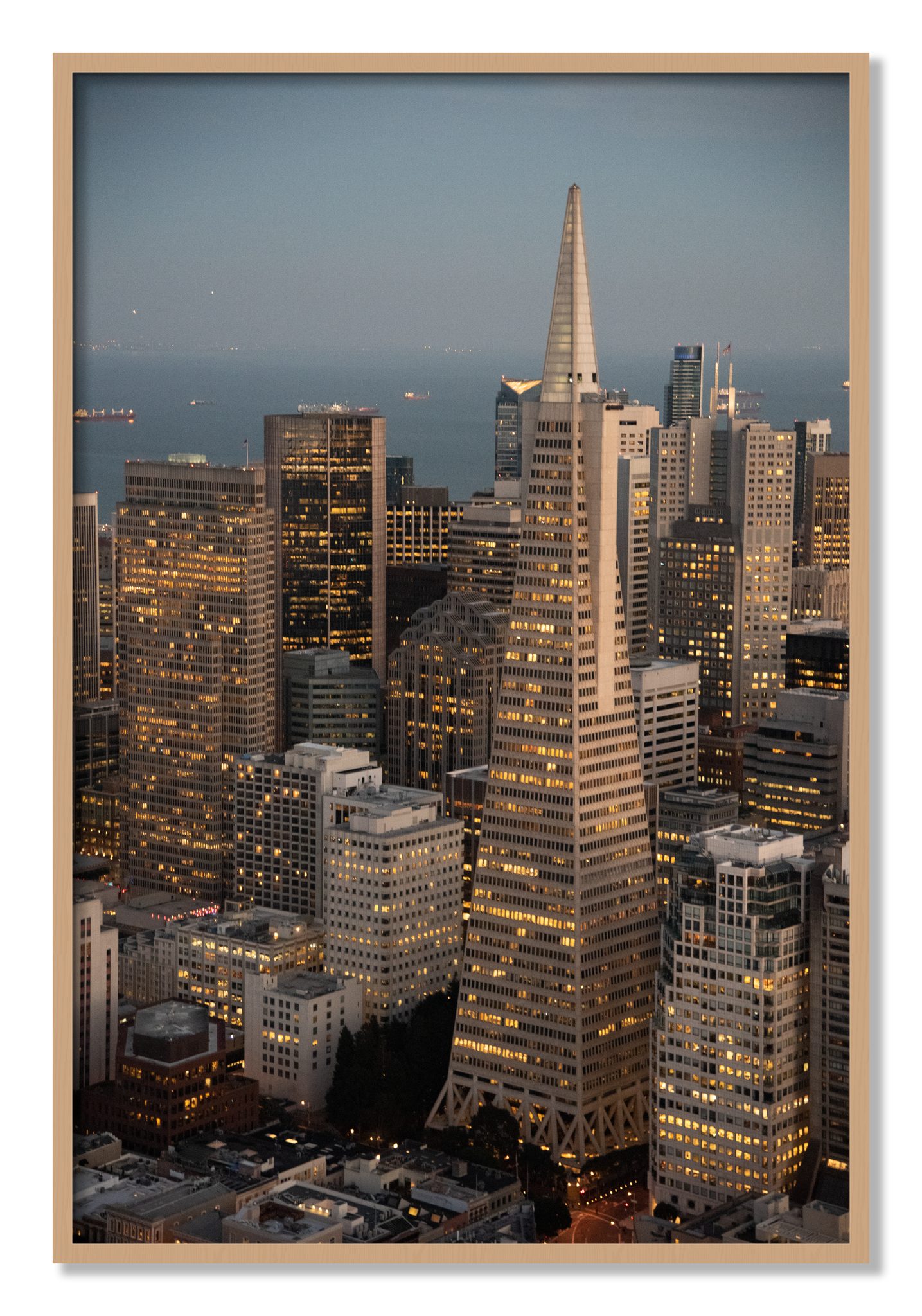 Framed photograph of Transamerica San Francisco by Dylan Ozanich, Oak frame, Full Bleed