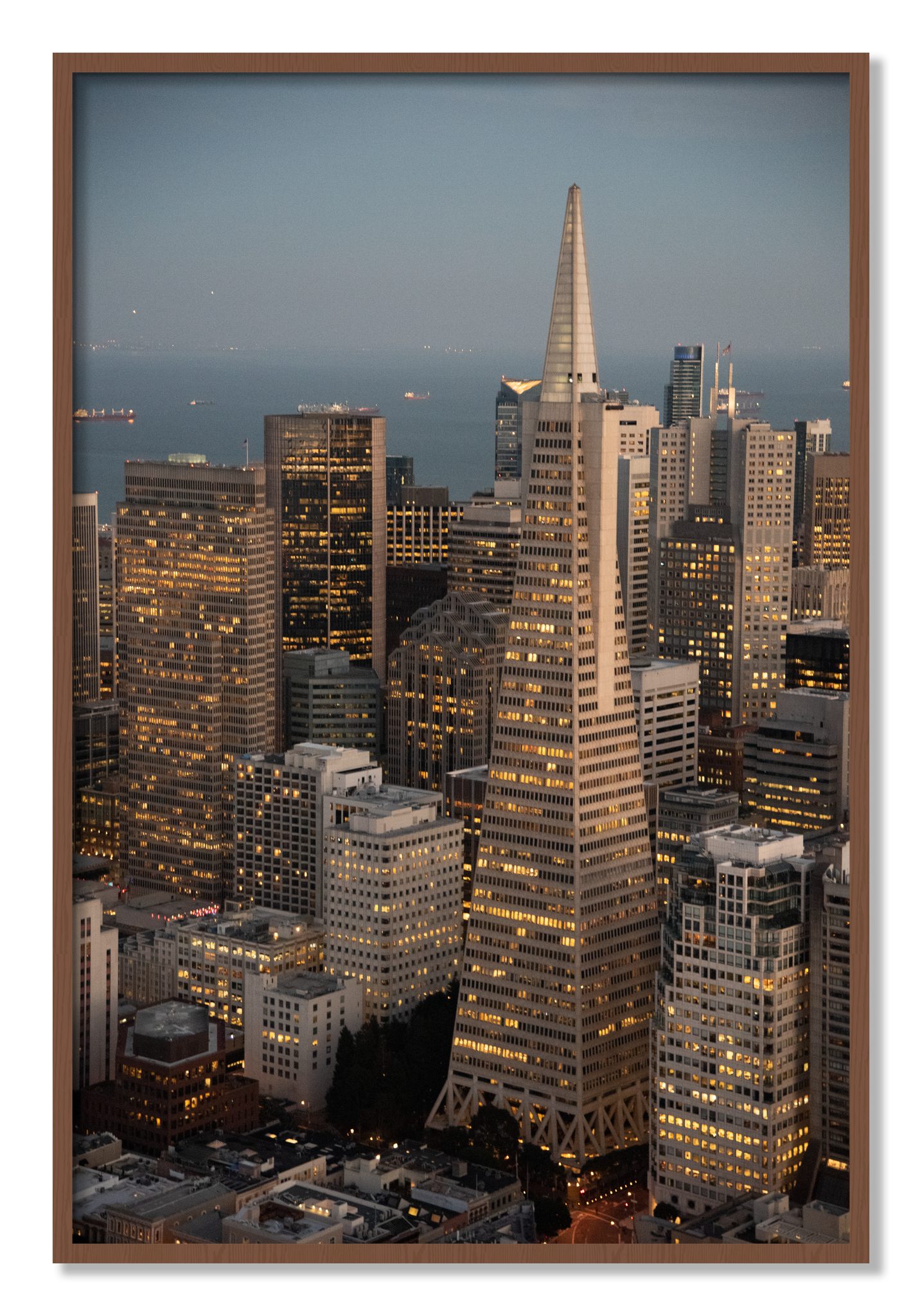 Framed photograph of Transamerica San Francisco by Dylan Ozanich, Walnut frame, Full Bleed