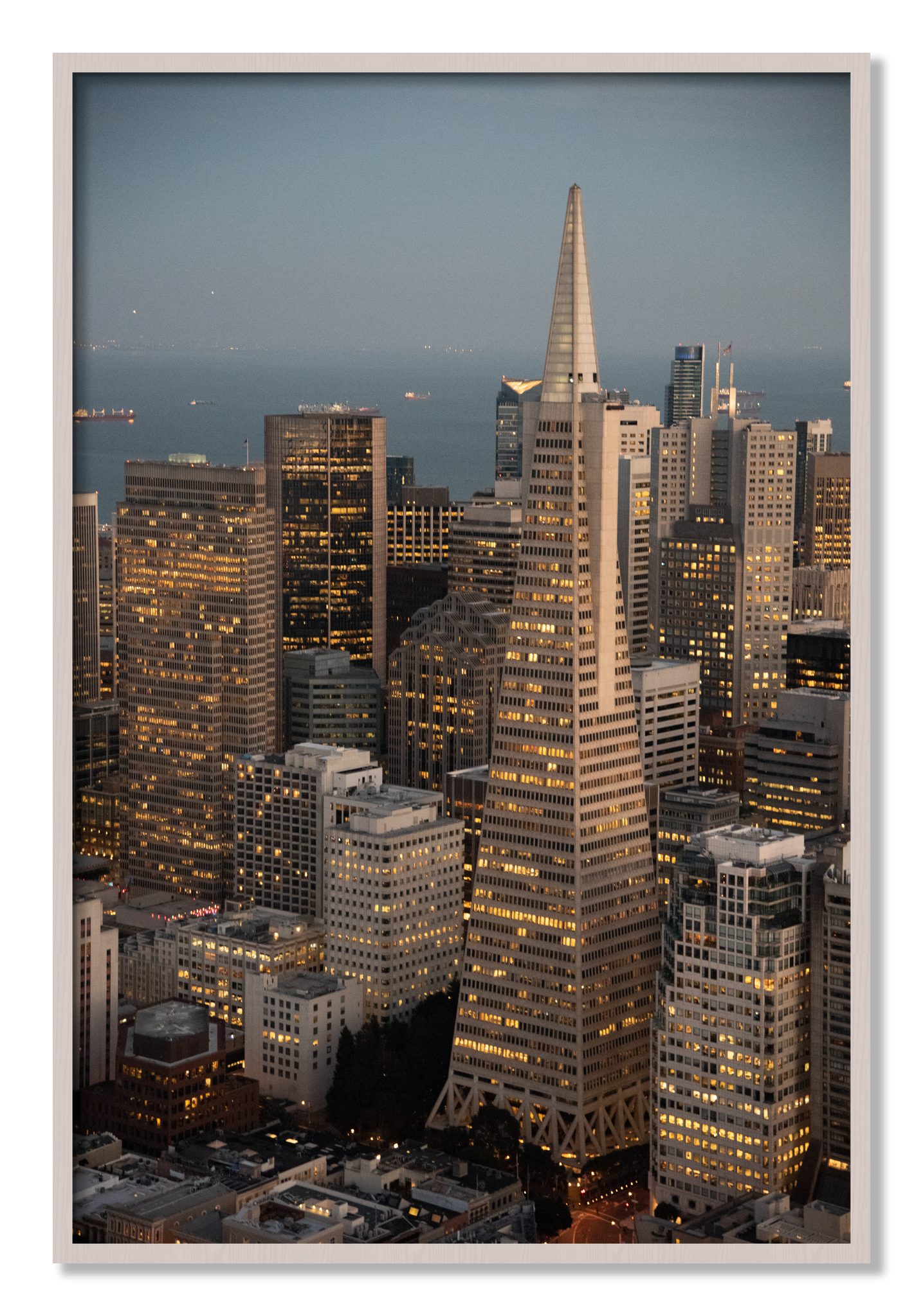 Framed photograph of Transamerica San Francisco by Dylan Ozanich, White Maple frame, Full Bleed