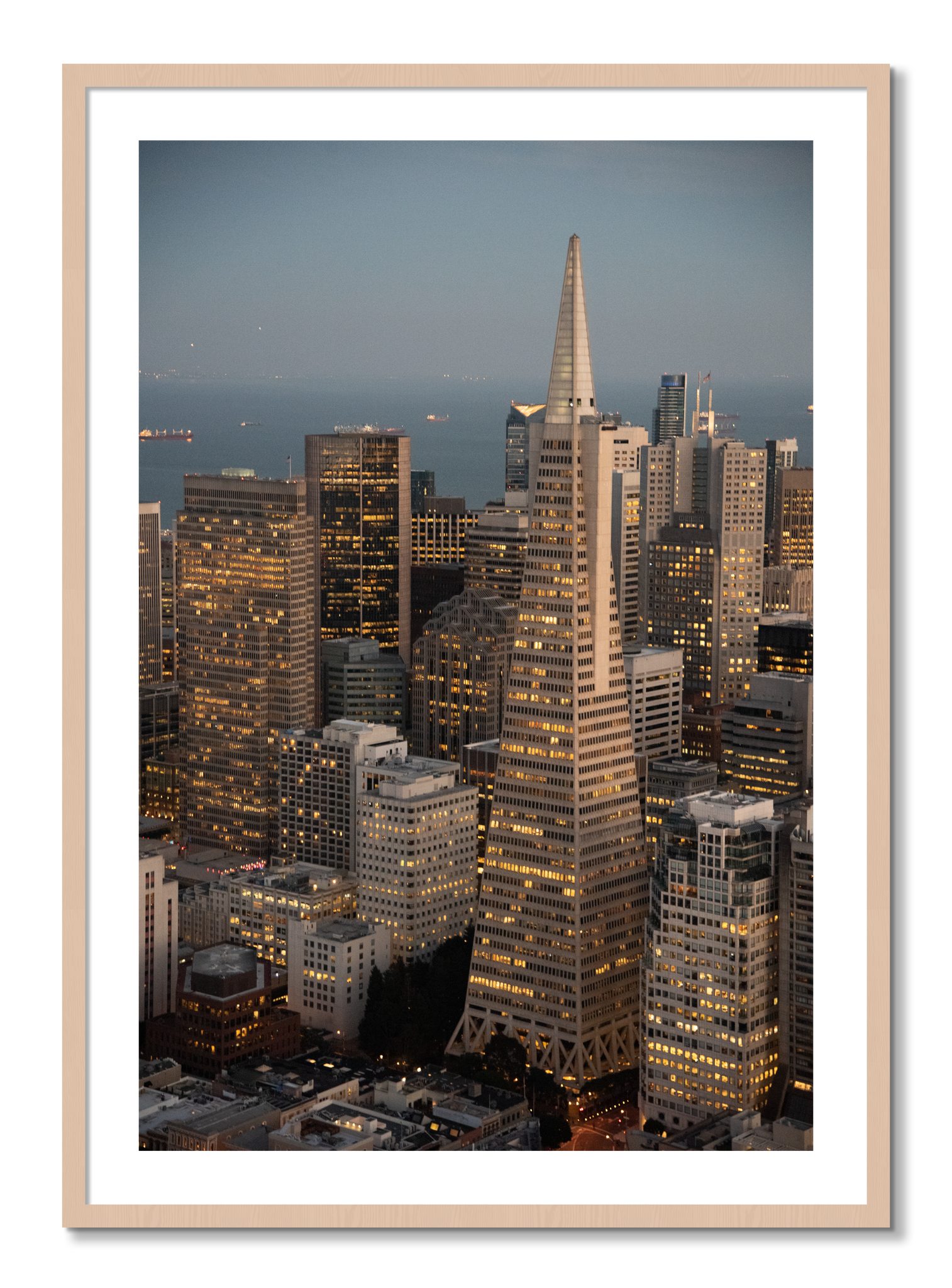 Framed photograph of Transamerica San Francisco by Dylan Ozanich, Maple frame, Borders