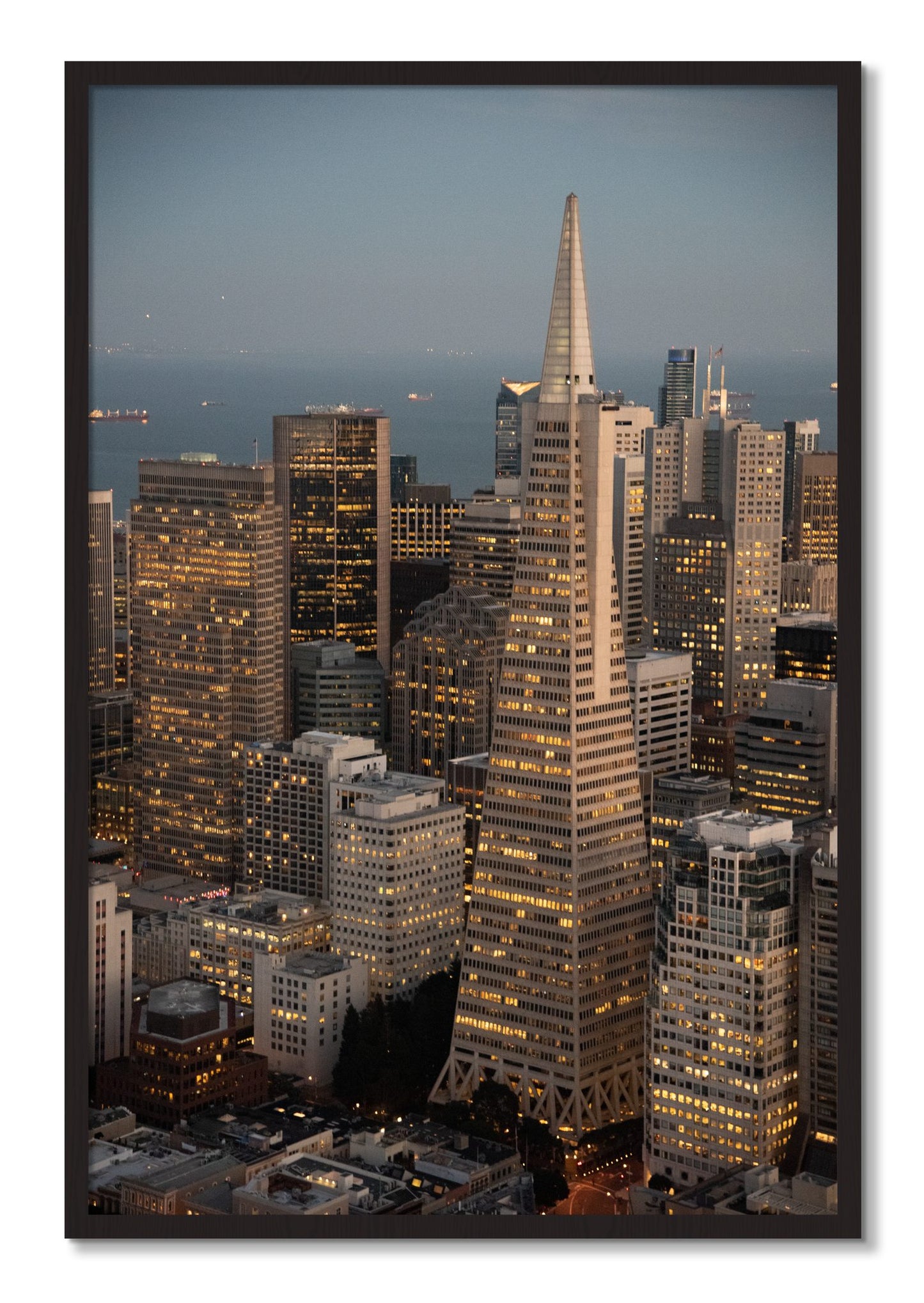 Framed photograph of Transamerica San Francisco by Dylan Ozanich, Black Walnut frame, Full Bleed
