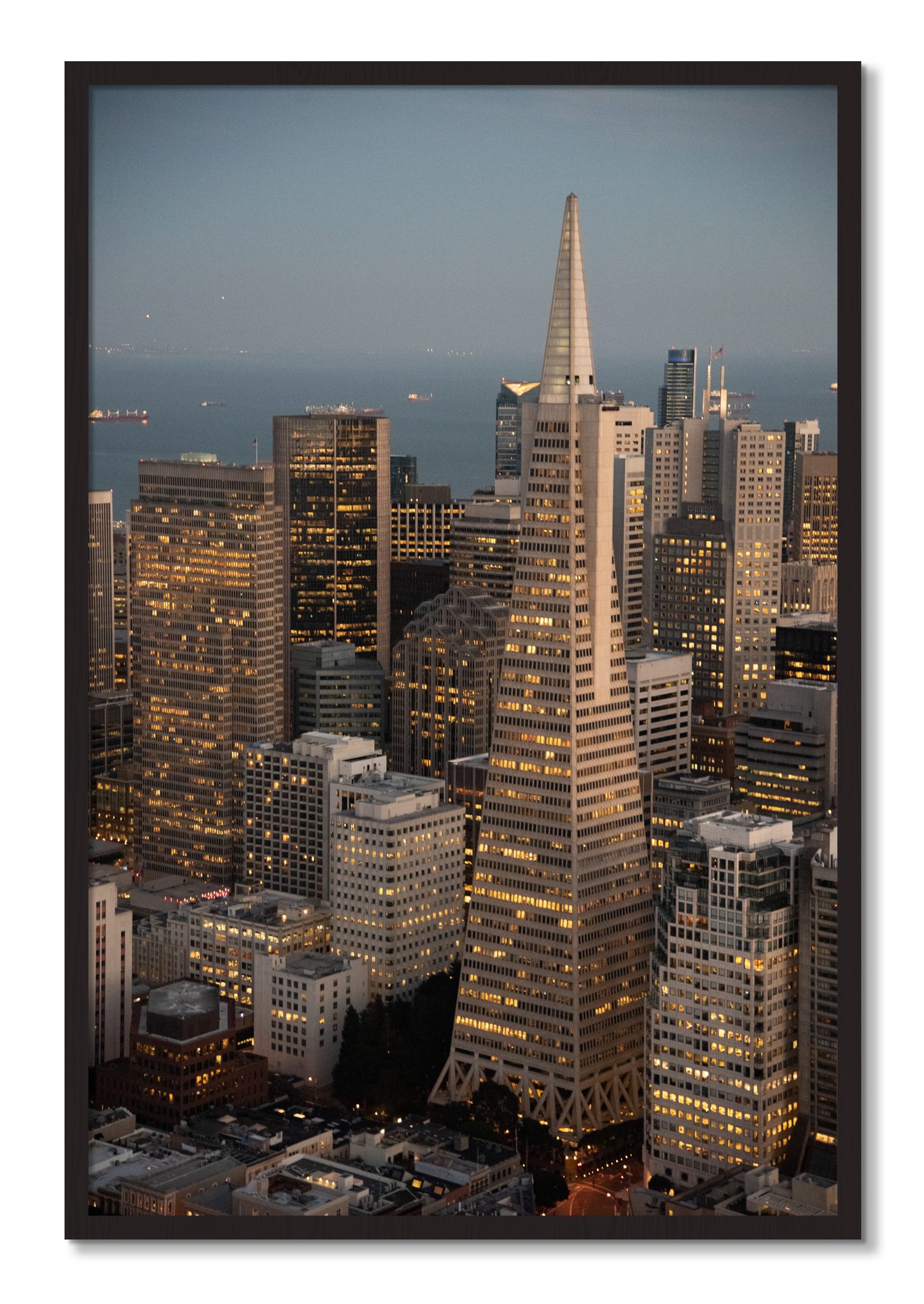 Framed photograph of Transamerica San Francisco by Dylan Ozanich, Black Walnut frame, Full Bleed