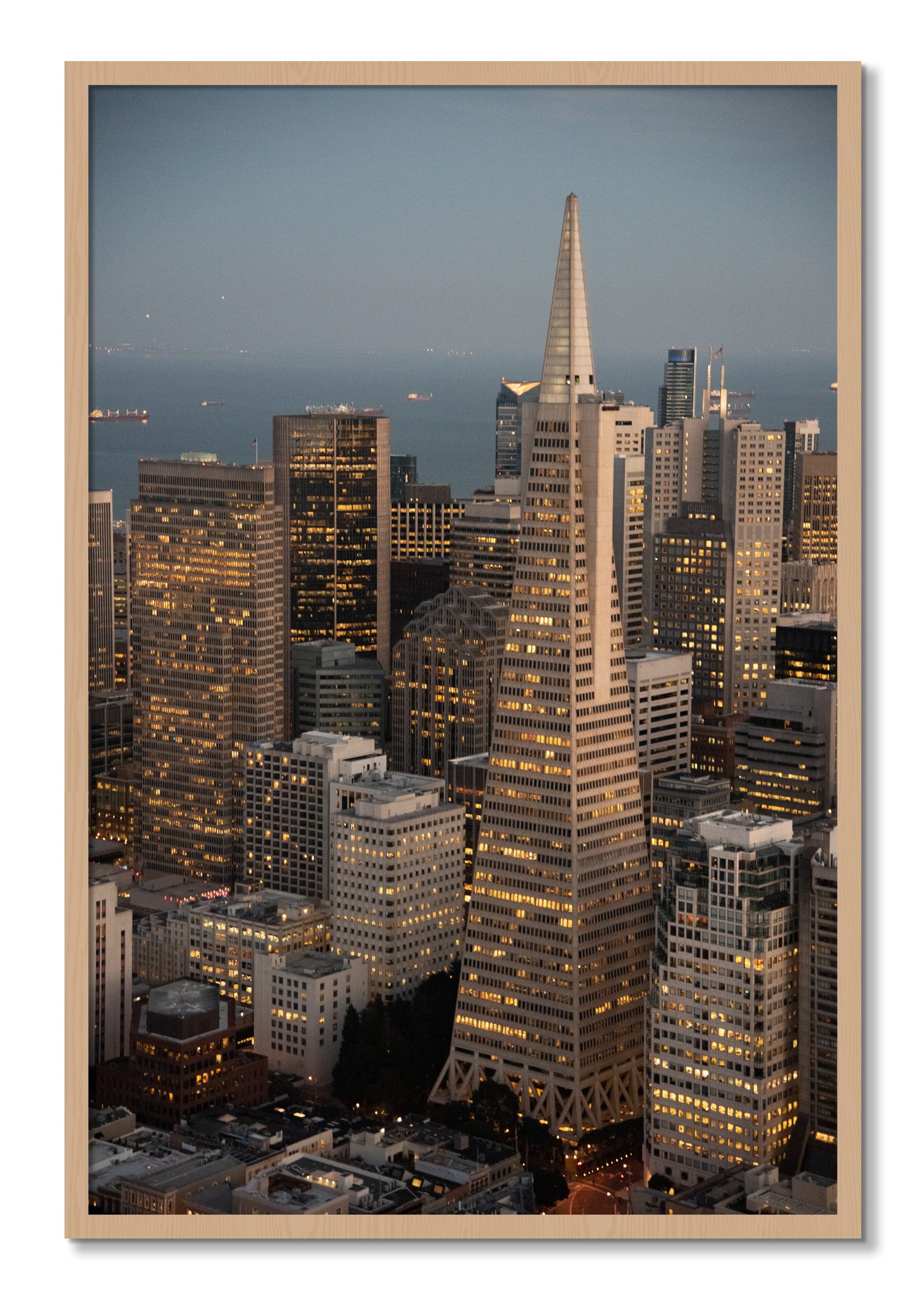 Framed photograph of Transamerica San Francisco by Dylan Ozanich, Oak frame, Full Bleed