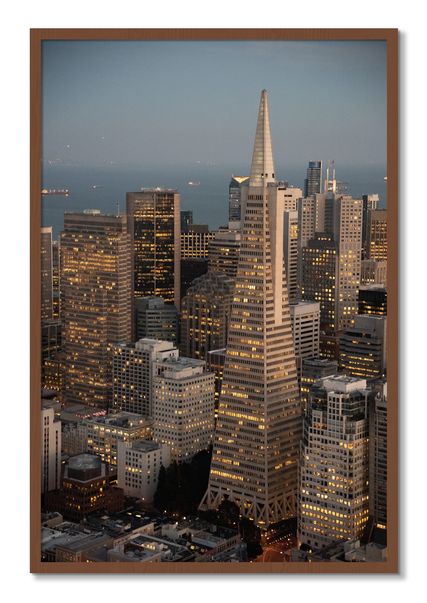 Framed photograph of Transamerica San Francisco by Dylan Ozanich, Walnut frame, Full Bleed