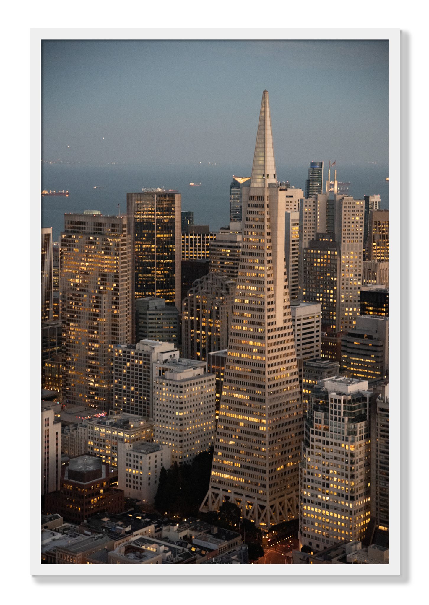 Framed photograph of Transamerica San Francisco by Dylan Ozanich, White frame, Full Bleed