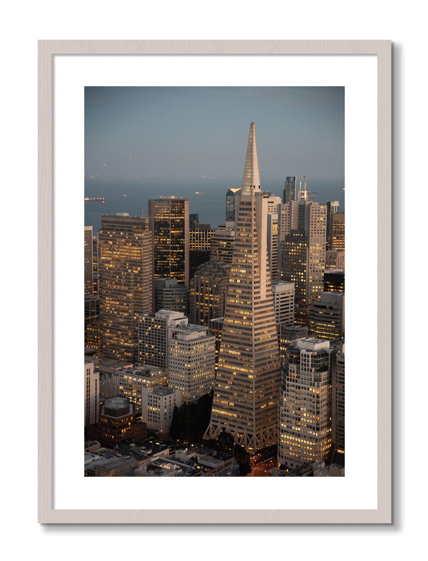 Framed photograph of Transamerica San Francisco by Dylan Ozanich, White Maple frame, Borders