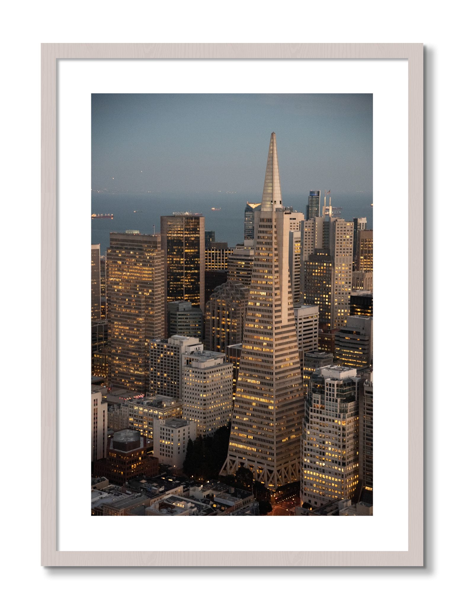 Framed photograph of Transamerica San Francisco by Dylan Ozanich, White Maple frame, Borders