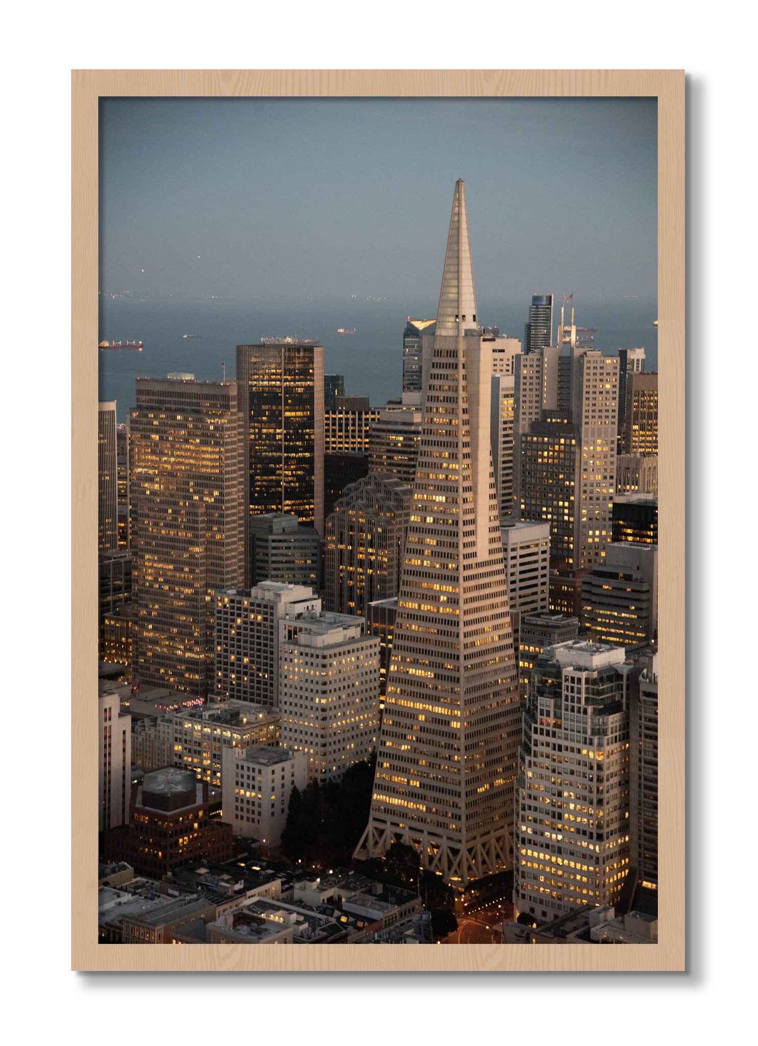 Framed photograph of Transamerica San Francisco by Dylan Ozanich, Oak frame, Full Bleed