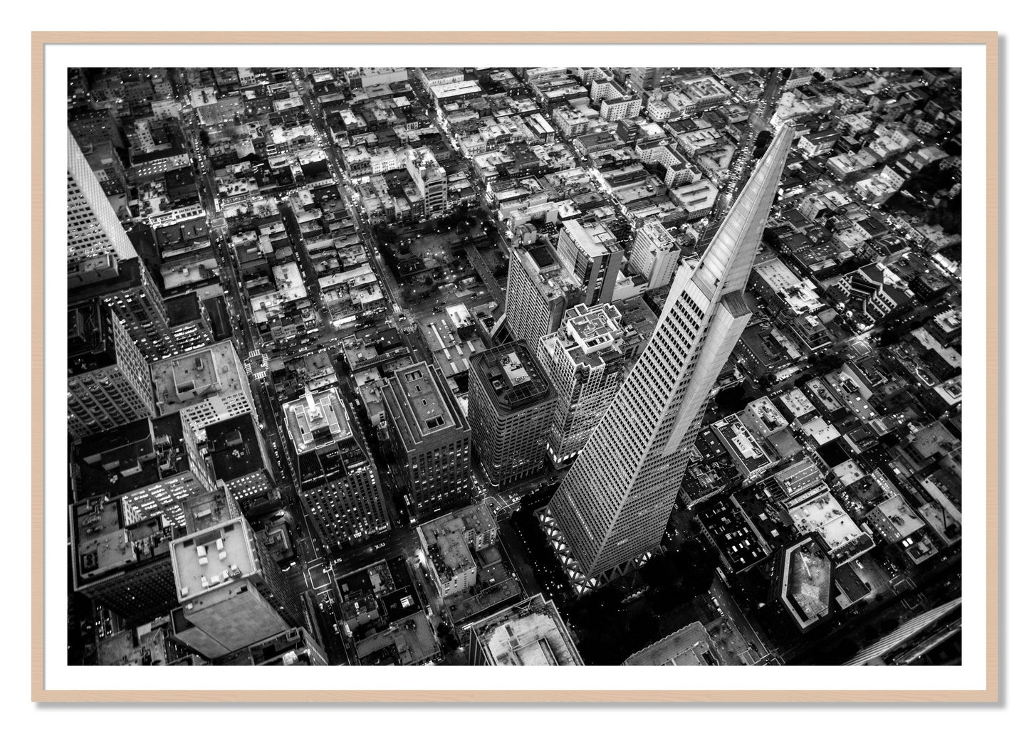 Transamerica by Dylan Ozanich, 48×72 print with a White Border in a Maple frame
