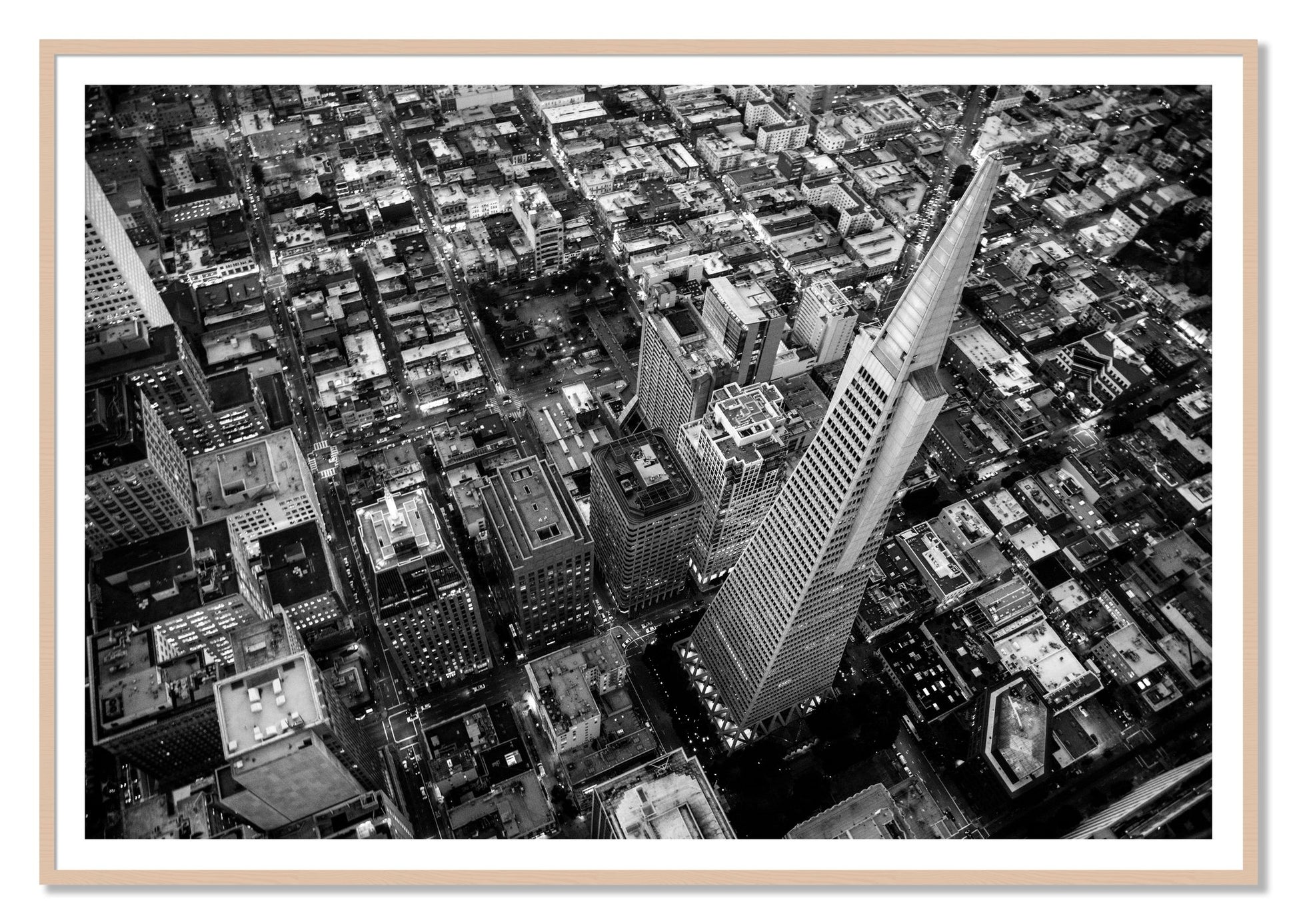 Transamerica by Dylan Ozanich, 48×72 print with a White Border in a Maple frame