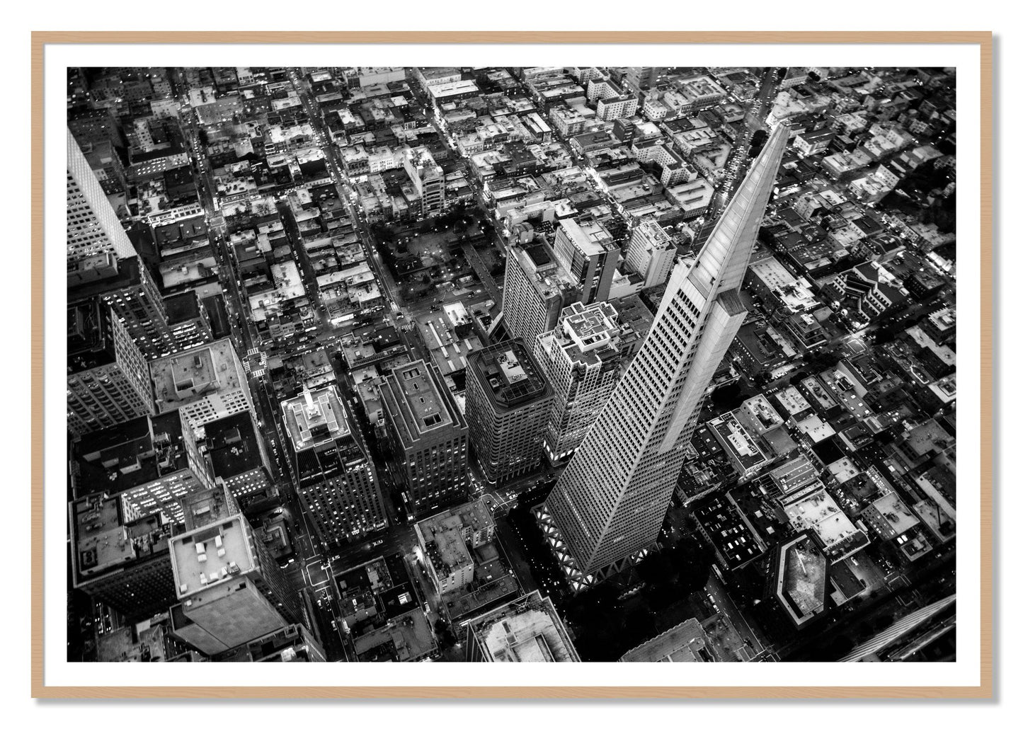 Transamerica by Dylan Ozanich, 48×72 print with a White Border in an Oak frame