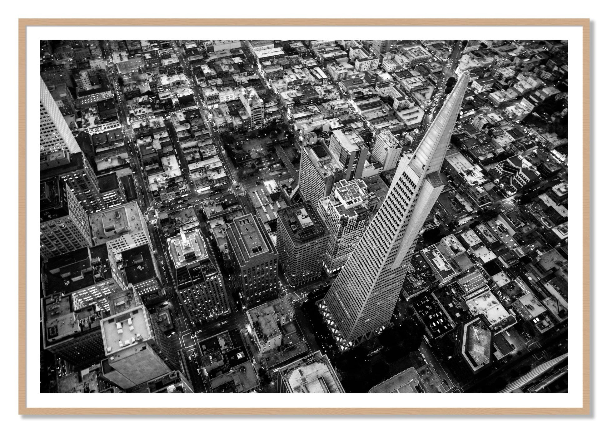 Transamerica by Dylan Ozanich, 48×72 print with a White Border in an Oak frame
