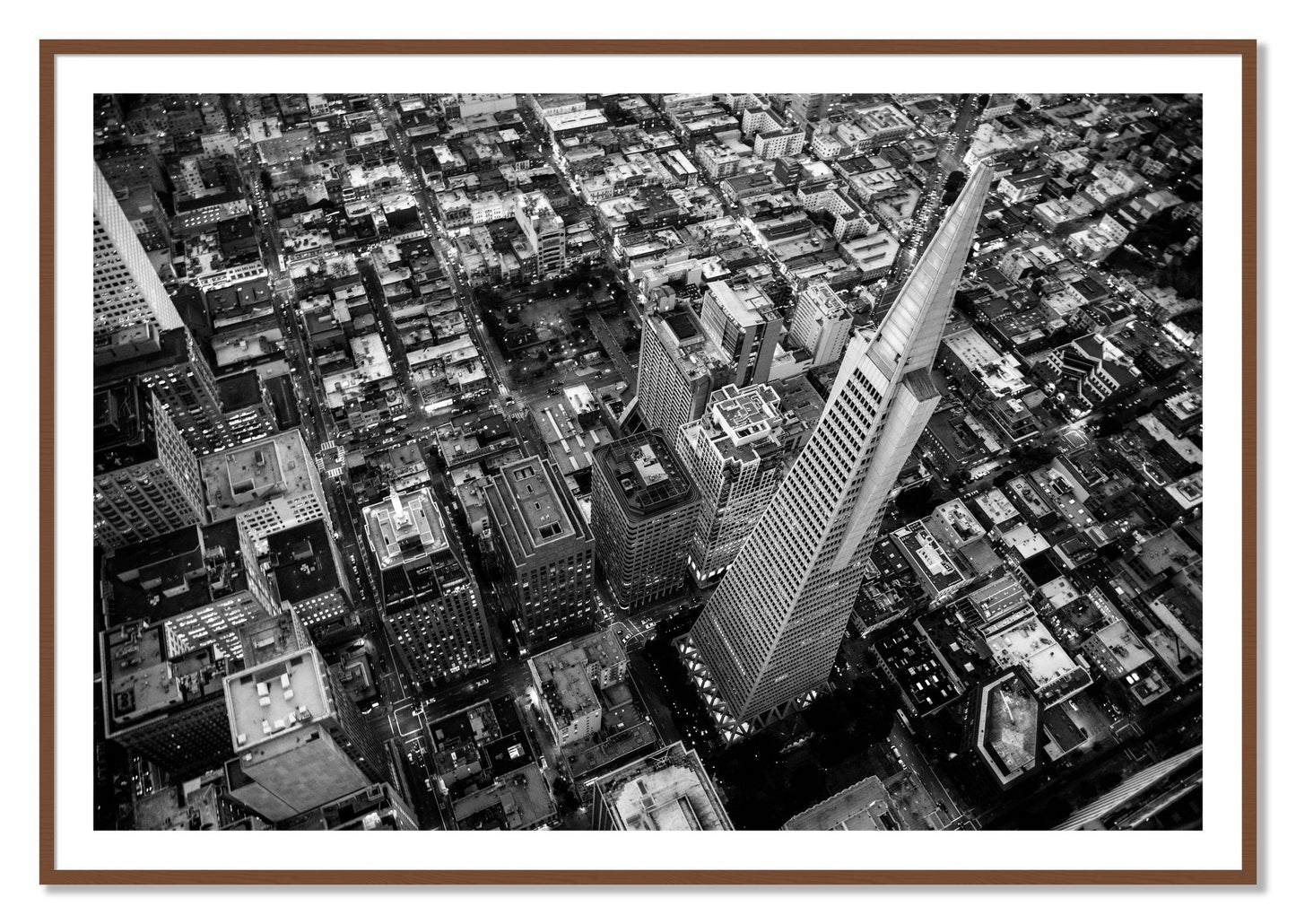 Framed photograph of Transamerica by Dylan Ozanich, Walnut frame, Borders
