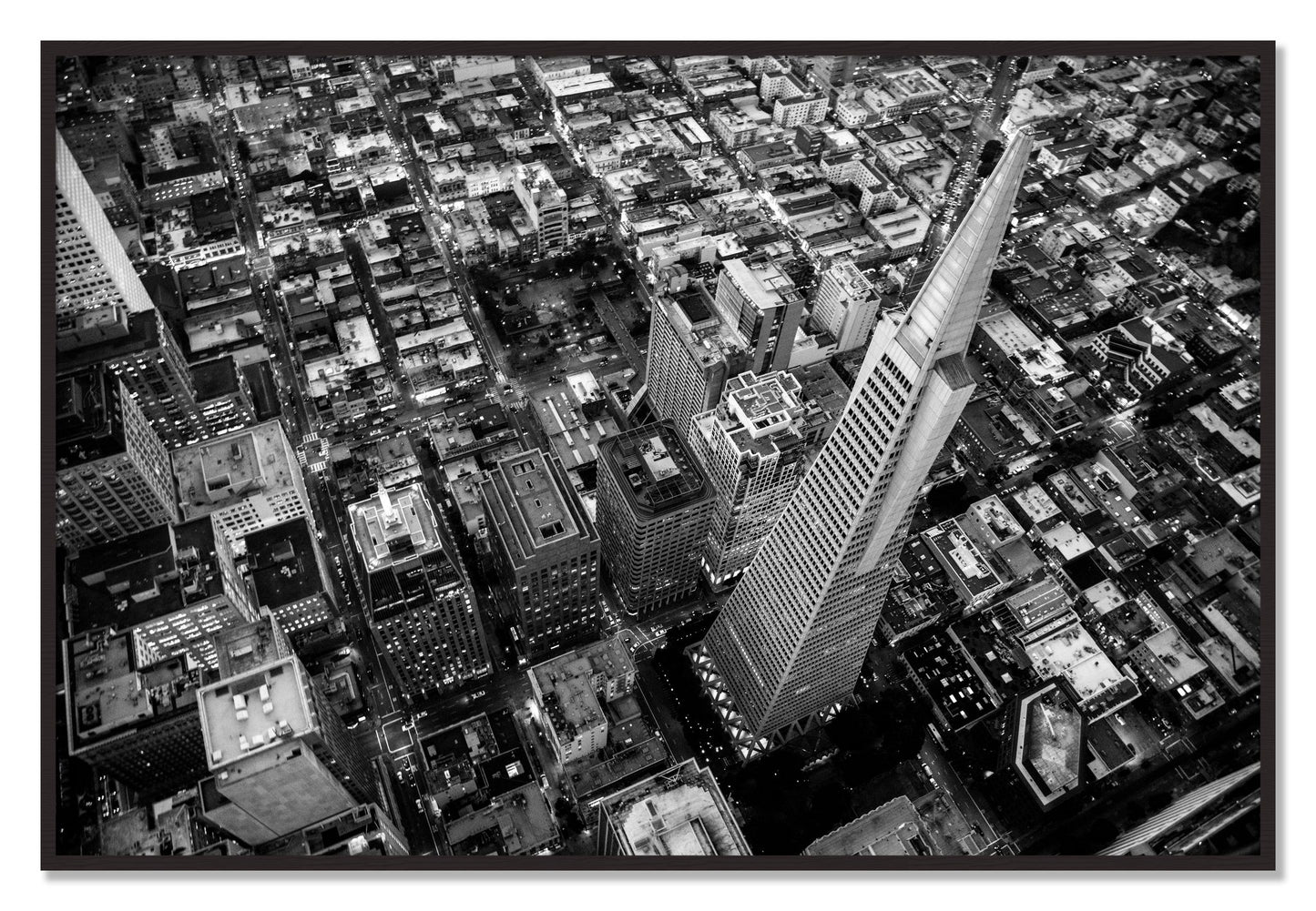 Framed photograph of Transamerica by Dylan Ozanich, Black Walnut frame, Full Bleed