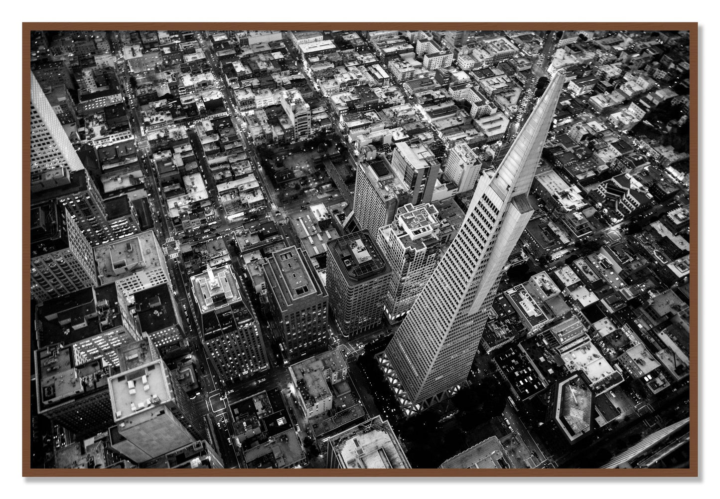 Framed photograph of Transamerica by Dylan Ozanich, Walnut frame, Full Bleed