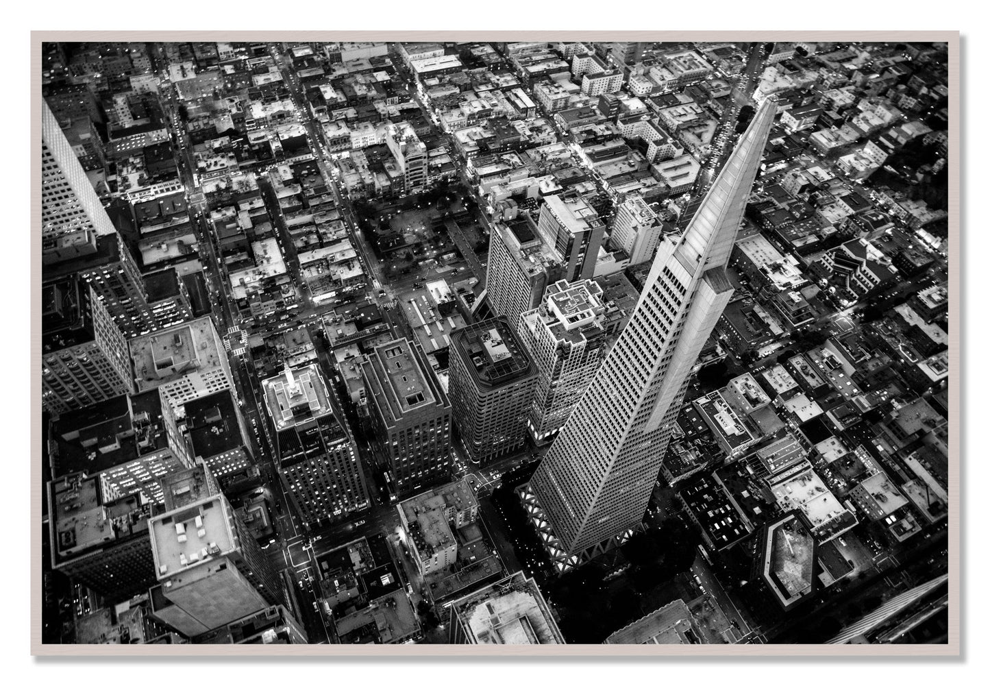 Framed photograph of Transamerica by Dylan Ozanich, White Maple frame, Full Bleed