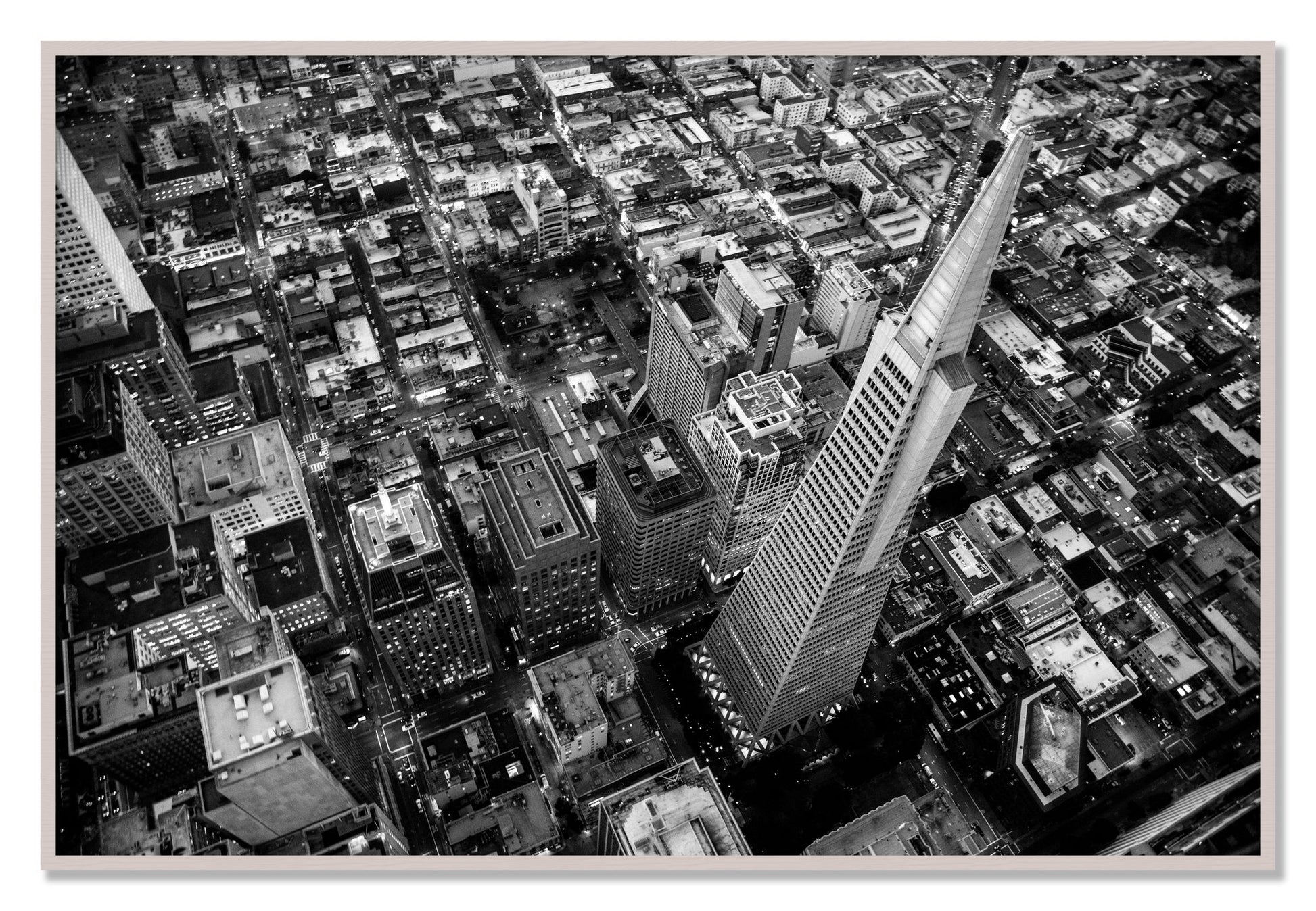 Framed photograph of Transamerica by Dylan Ozanich, White Maple frame, Full Bleed