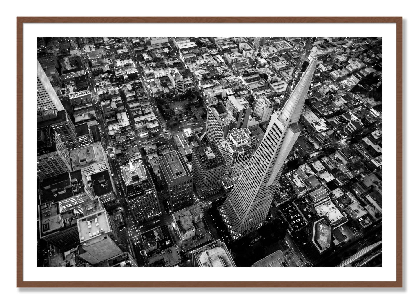 Framed photograph of Transamerica by Dylan Ozanich, Walnut frame, Borders