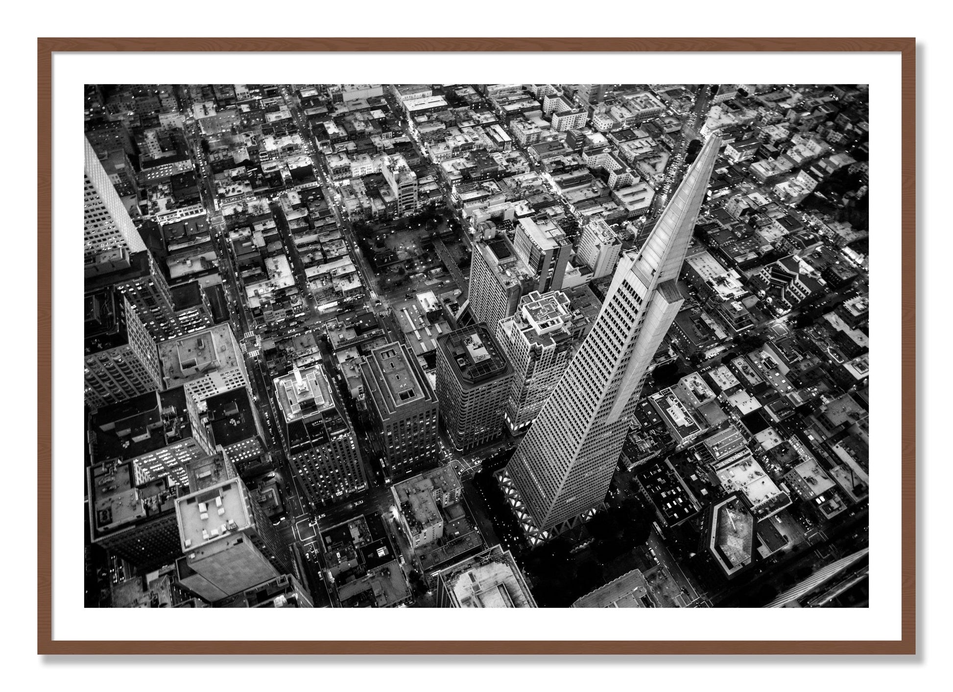 Framed photograph of Transamerica by Dylan Ozanich, Walnut frame, Borders