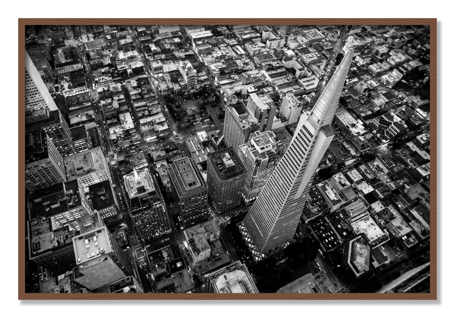 Framed photograph of Transamerica by Dylan Ozanich, Walnut frame, Full Bleed