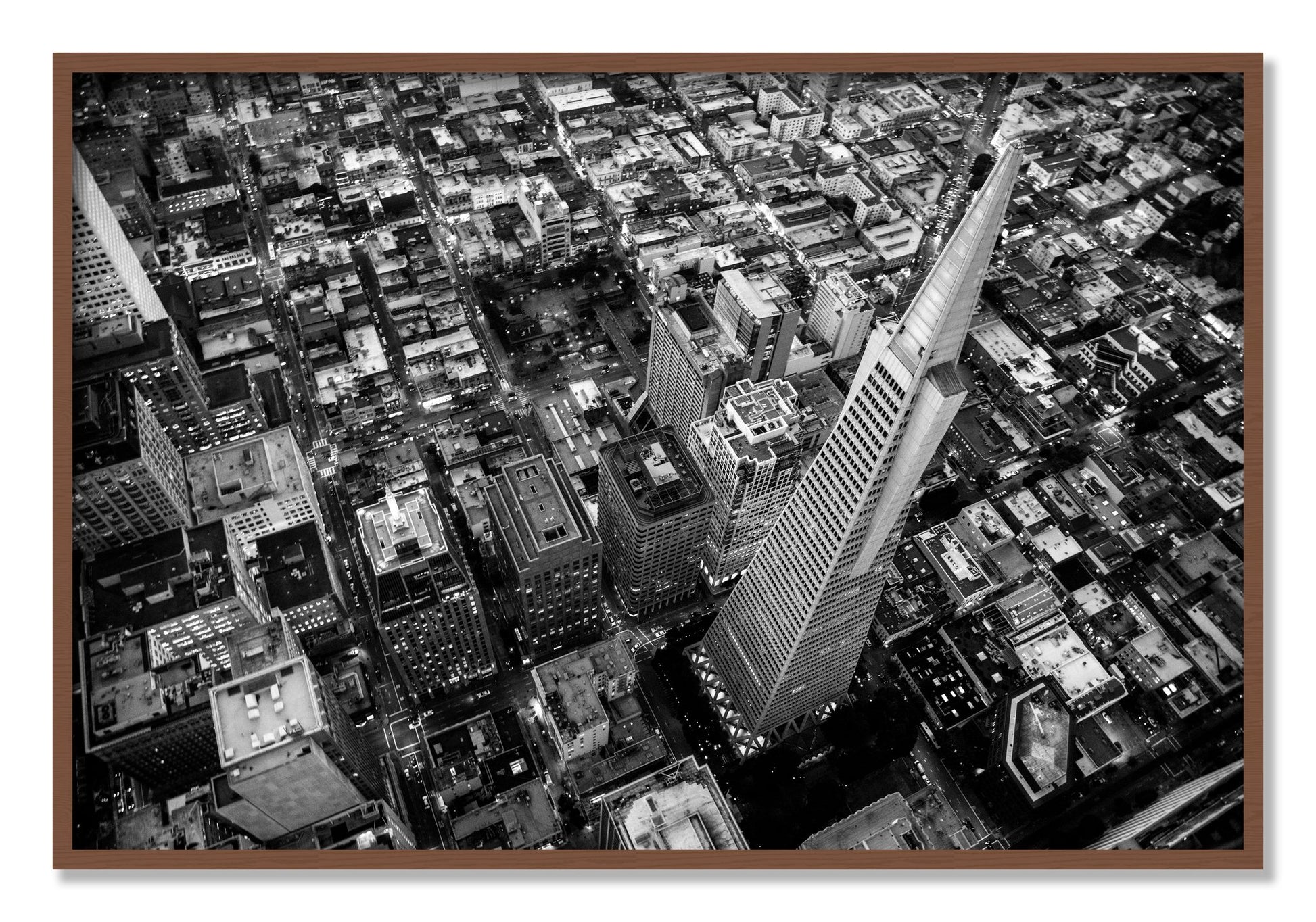 Framed photograph of Transamerica by Dylan Ozanich, Walnut frame, Full Bleed