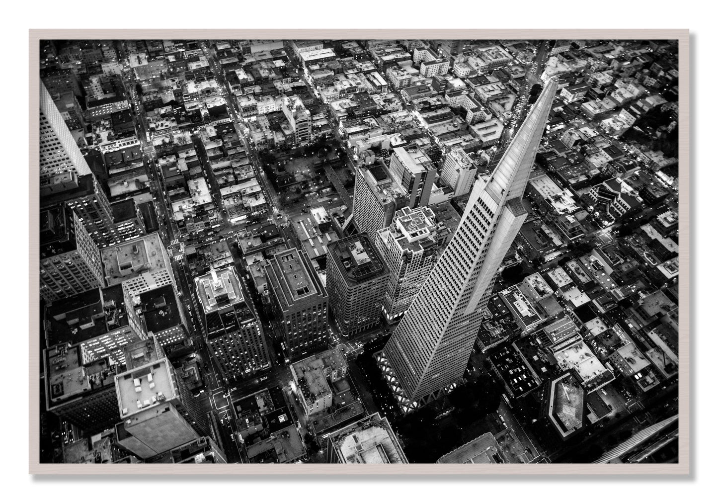 Framed photograph of Transamerica by Dylan Ozanich, White Maple frame, Full Bleed