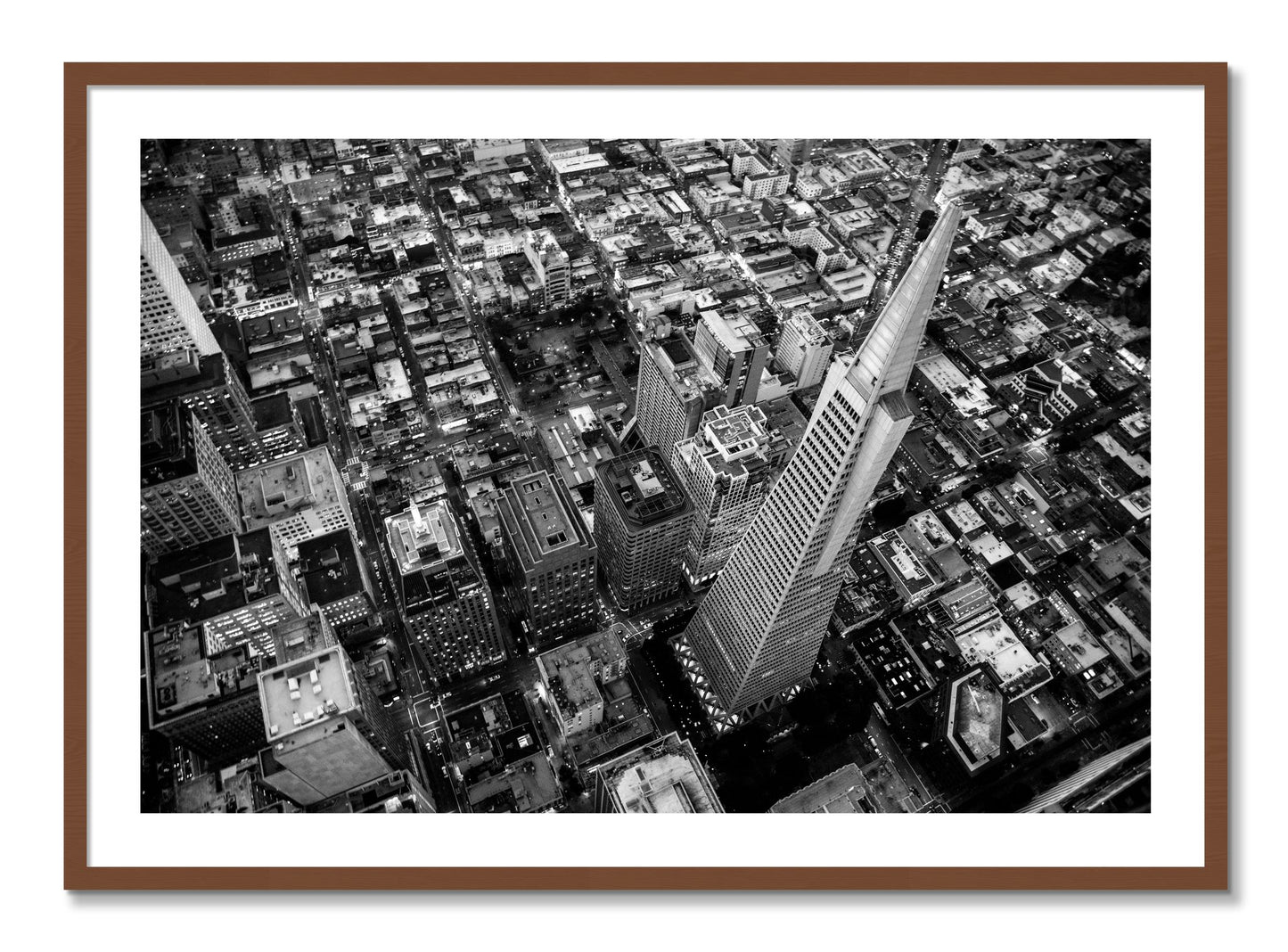 Framed photograph of Transamerica by Dylan Ozanich, Walnut frame, Borders