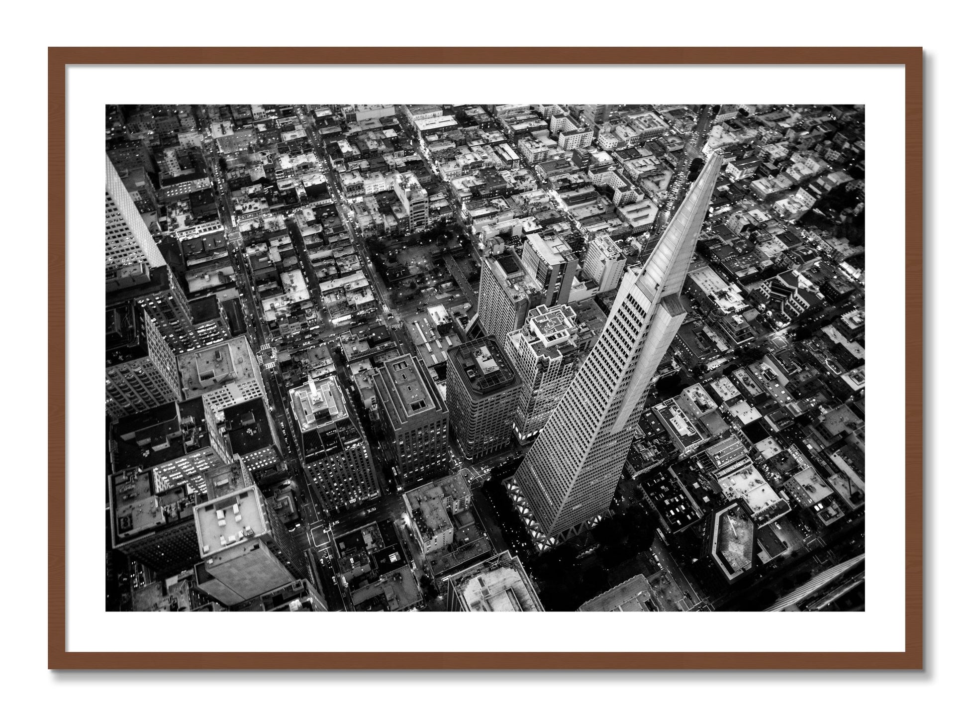 Framed photograph of Transamerica by Dylan Ozanich, Walnut frame, Borders