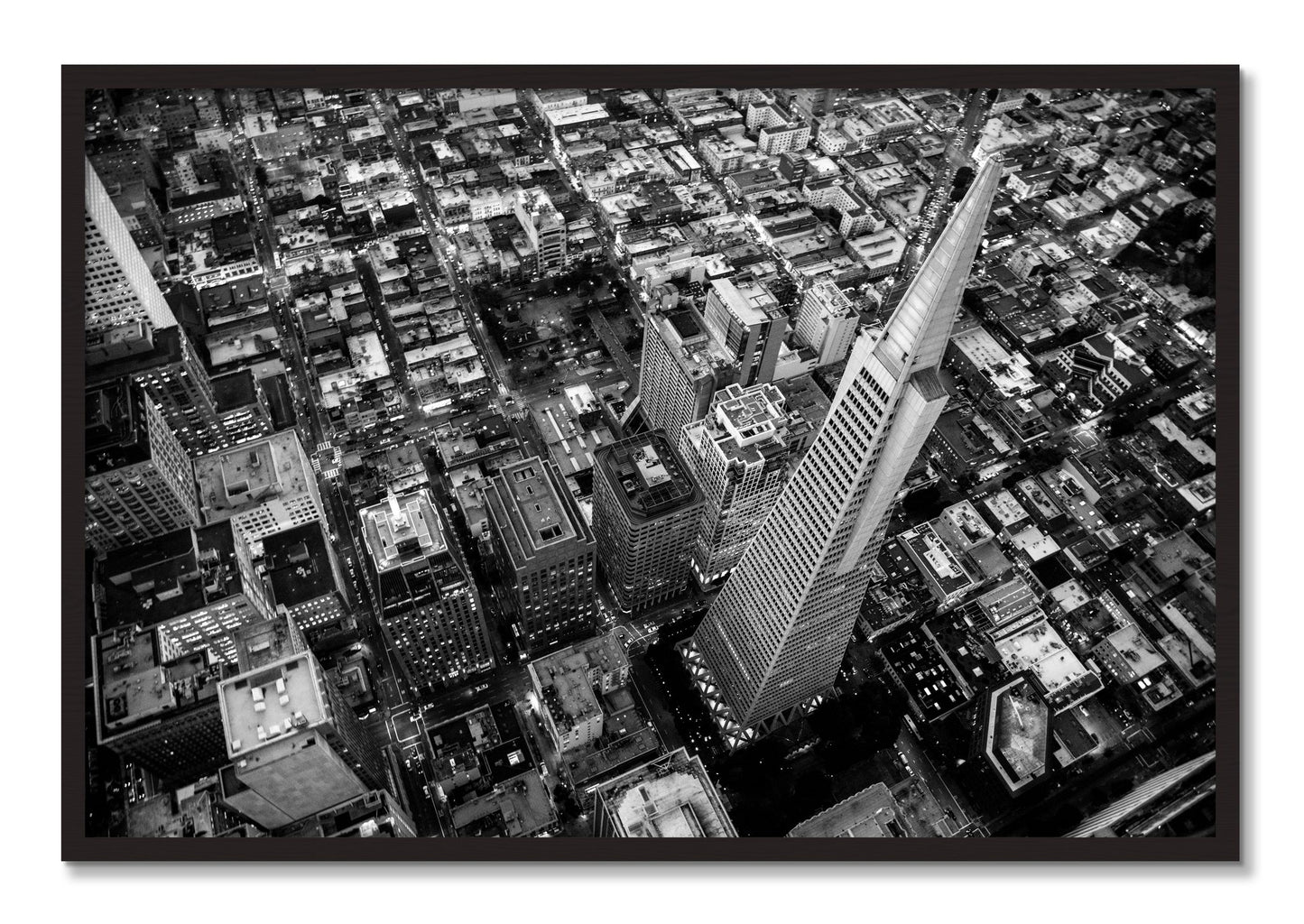 Framed photograph of Transamerica by Dylan Ozanich, Black Walnut frame, Full Bleed