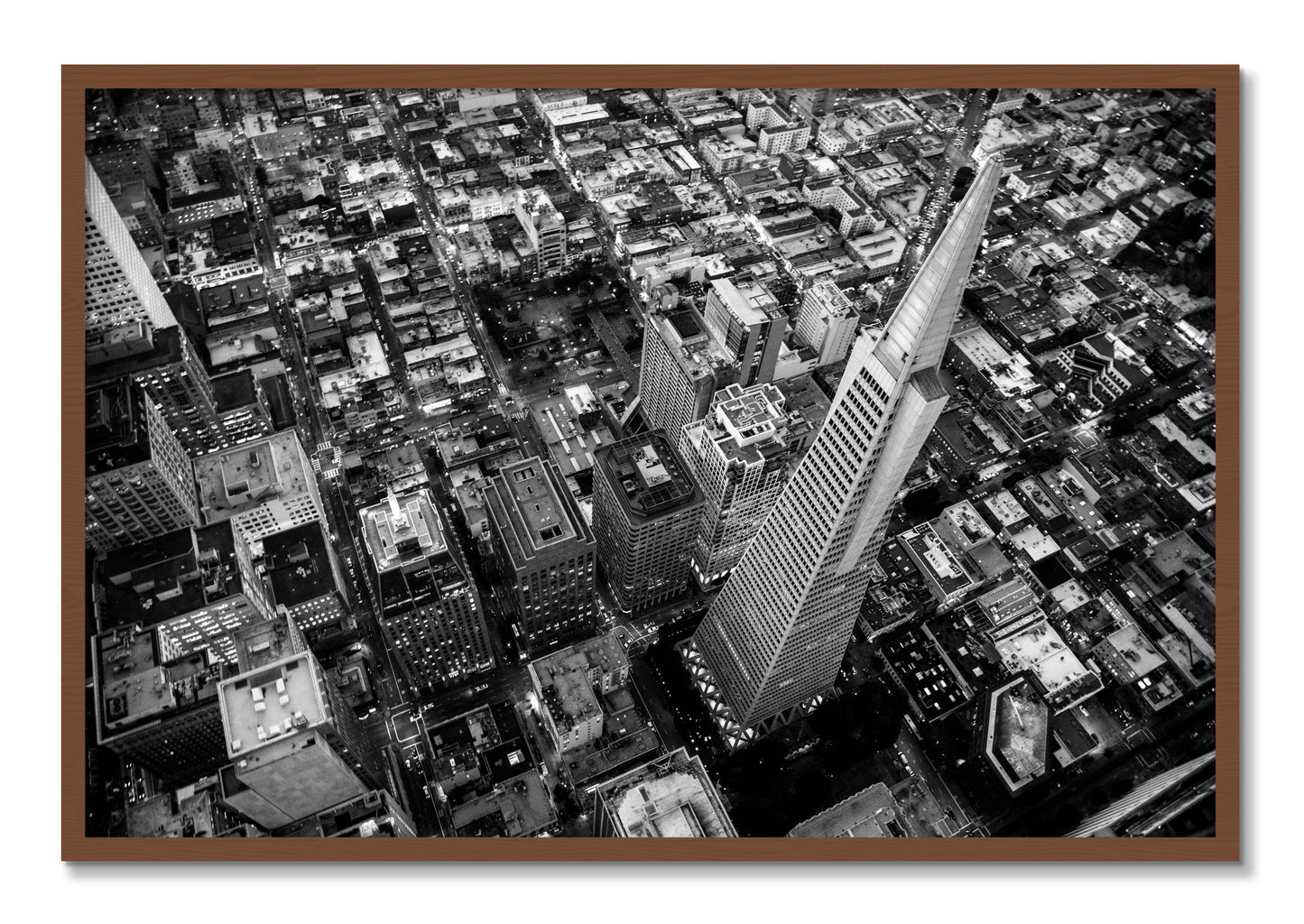 Framed photograph of Transamerica by Dylan Ozanich, Walnut frame, Full Bleed