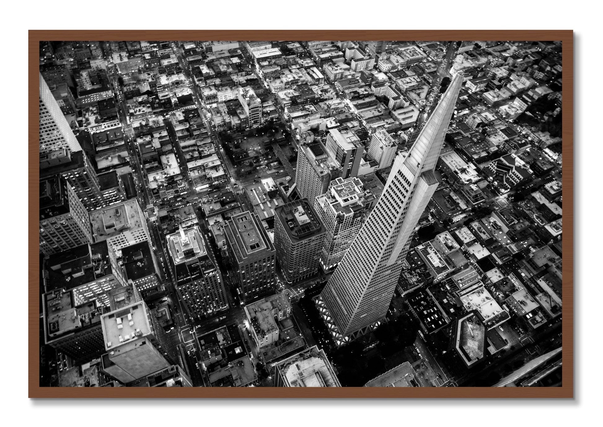 Framed photograph of Transamerica by Dylan Ozanich, Walnut frame, Full Bleed